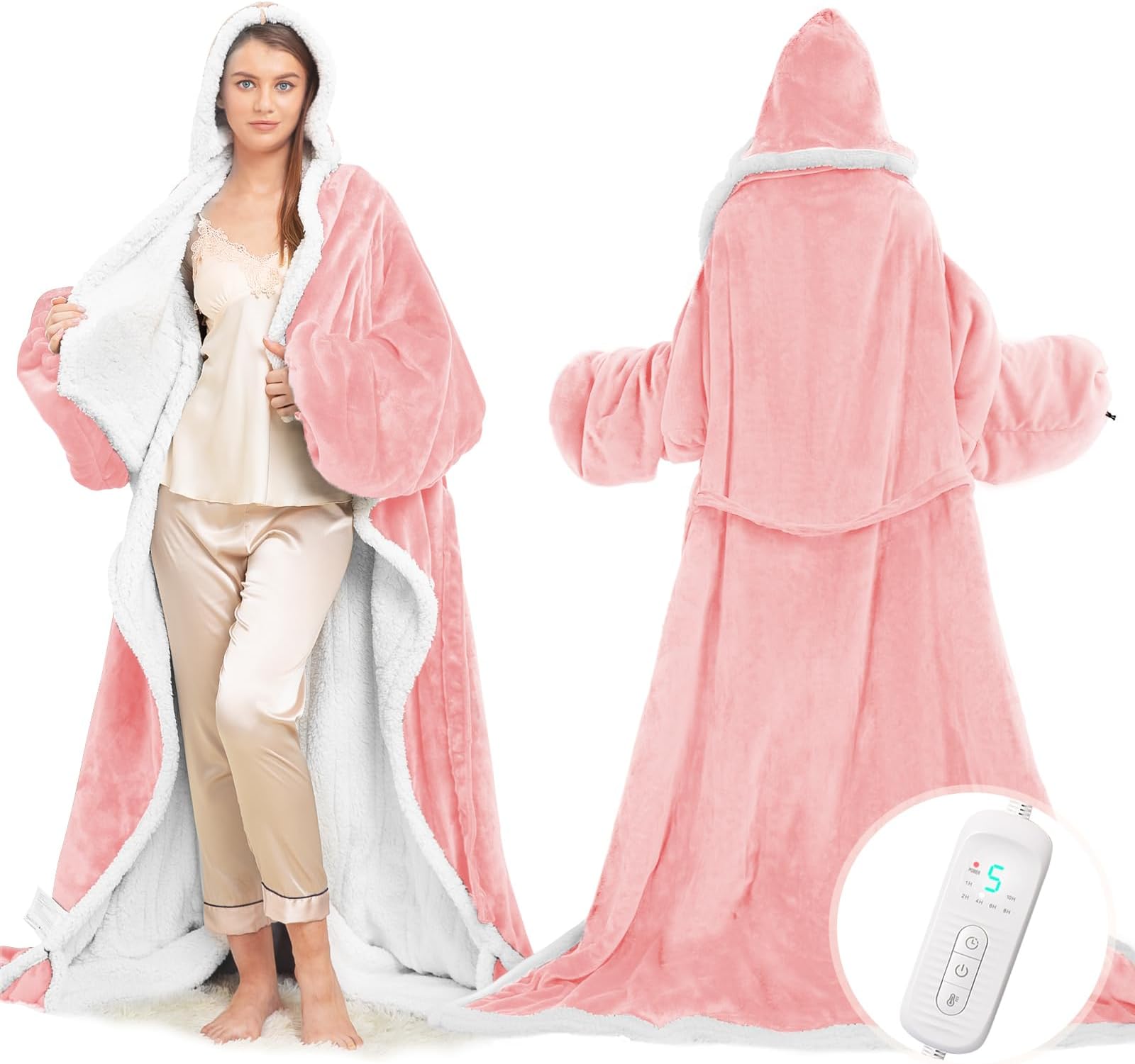 - Wearable Heated Blanket with Foot Pocket, Electric Wearable Throw Blanket with Sleeves, Hood, Portable Heated Blanket with 8 Heat Settings, 1-10 Hours Auto Shut-off, Gift for Family, Friends, 50*70"