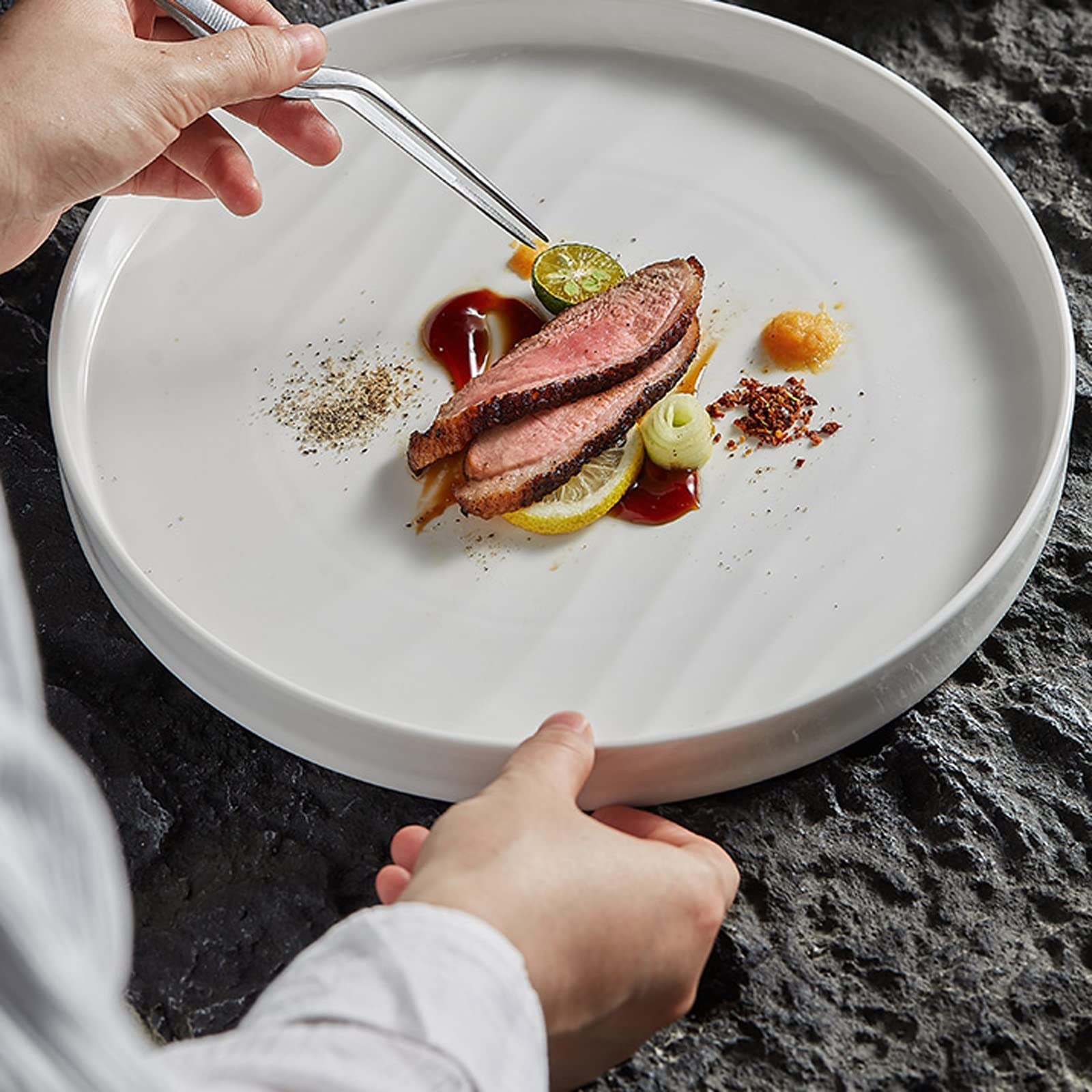 Platos Llanos Plato Hondo Redondo de cerámica, Plato de Cena Occidental for el hogar, vajilla de Hotel de Lujo, Plato Plano Blanco de 11/13 Pulgadas Platos Postre(13 Inch)