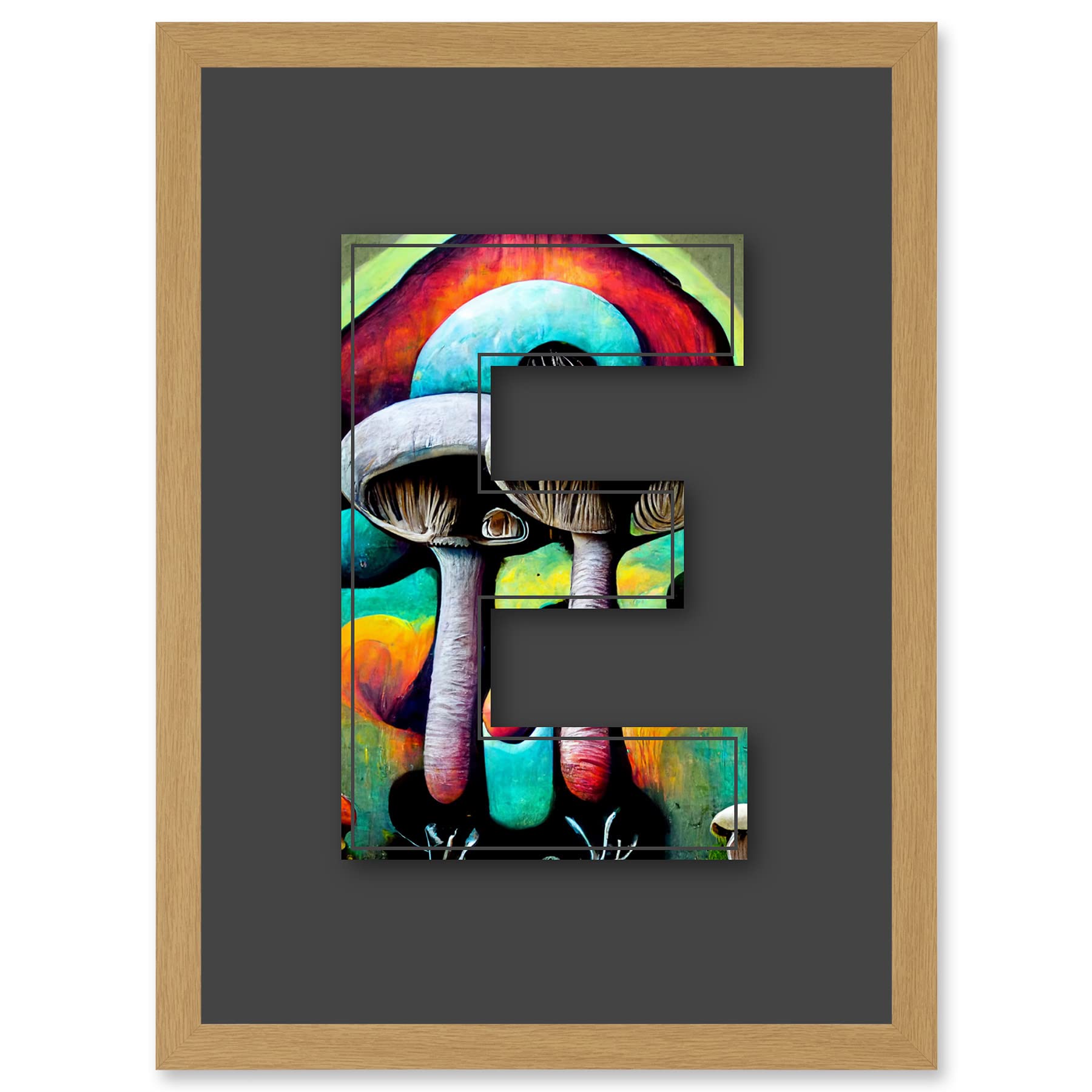 Wee Blue Coo Letter E Multicoloured Trippy Mushrooms Decorative Graffiti Mural Alphabet Initial Stencil Artwork Framed Wall Art Print A4