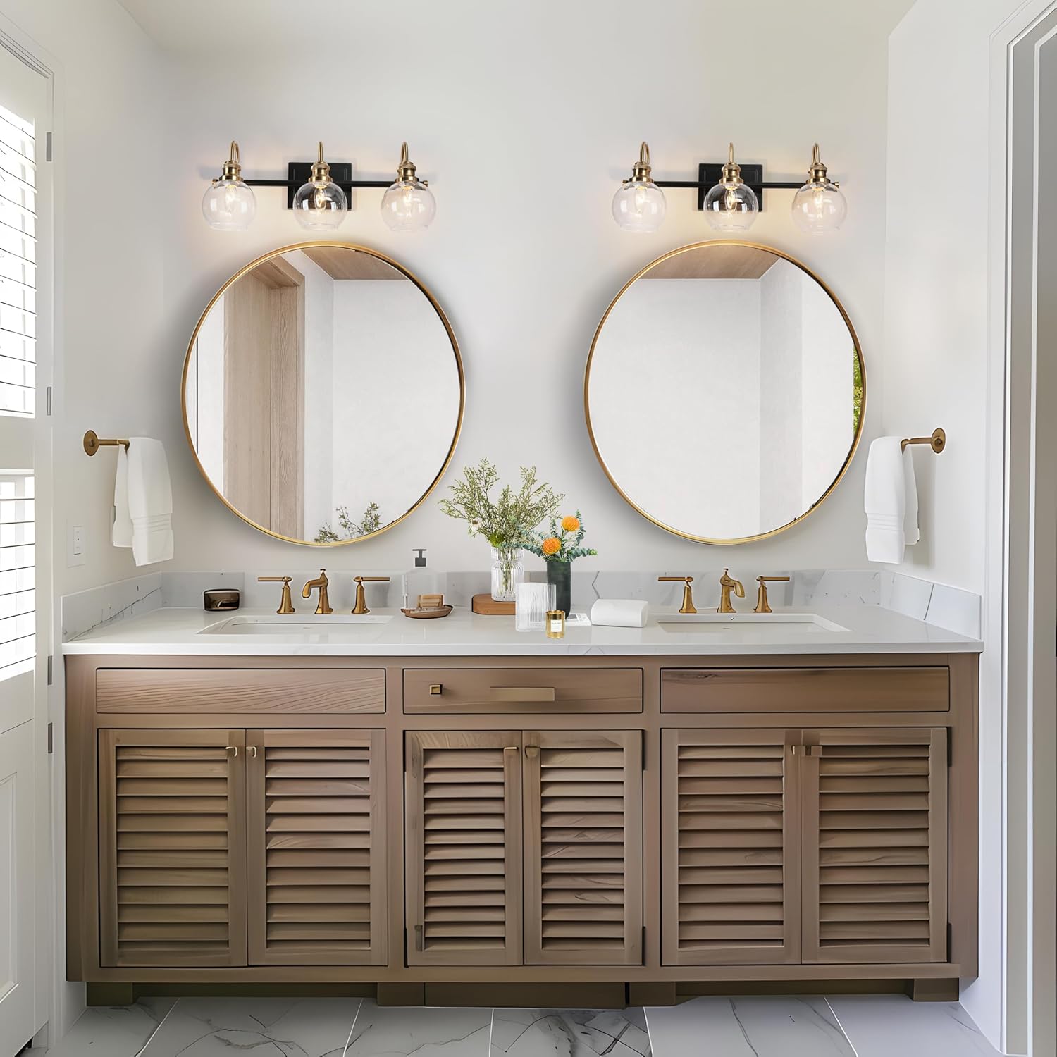 KSANA Black Gold Vanity Light, Modern 3-Light Bathroom Light Fixture with Clear Glass Globes, Electroplating Brass 22”L Vanity Lighting Over Mirror