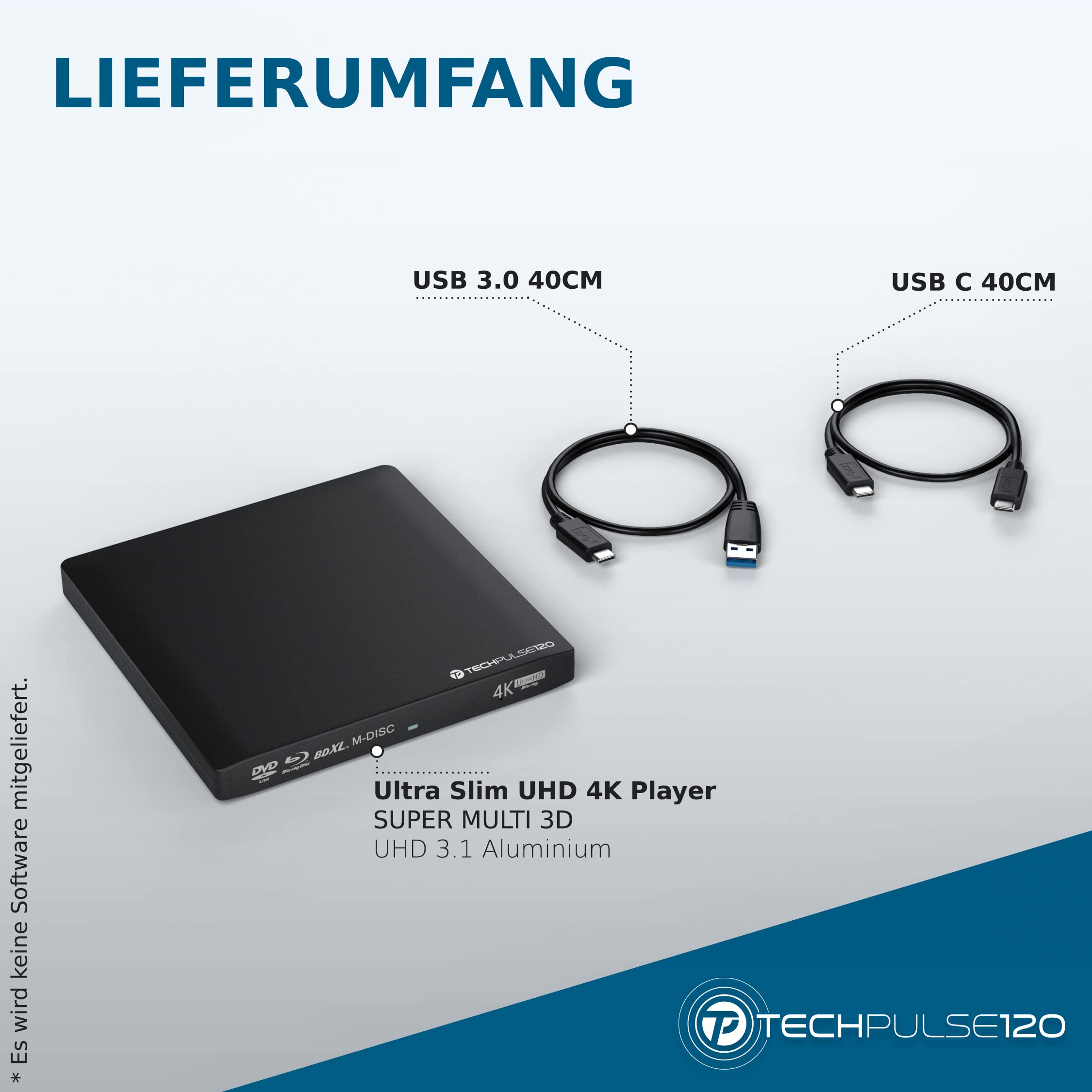 techPulse USB 3.1 USB-C USB 3.0 UHD 4K 3D BDXL Externa Unidad BLU-Ray Grabadora Lector Súper-Slim Escritor Portátil Quemador Superdrive ROM Aluminio Negro