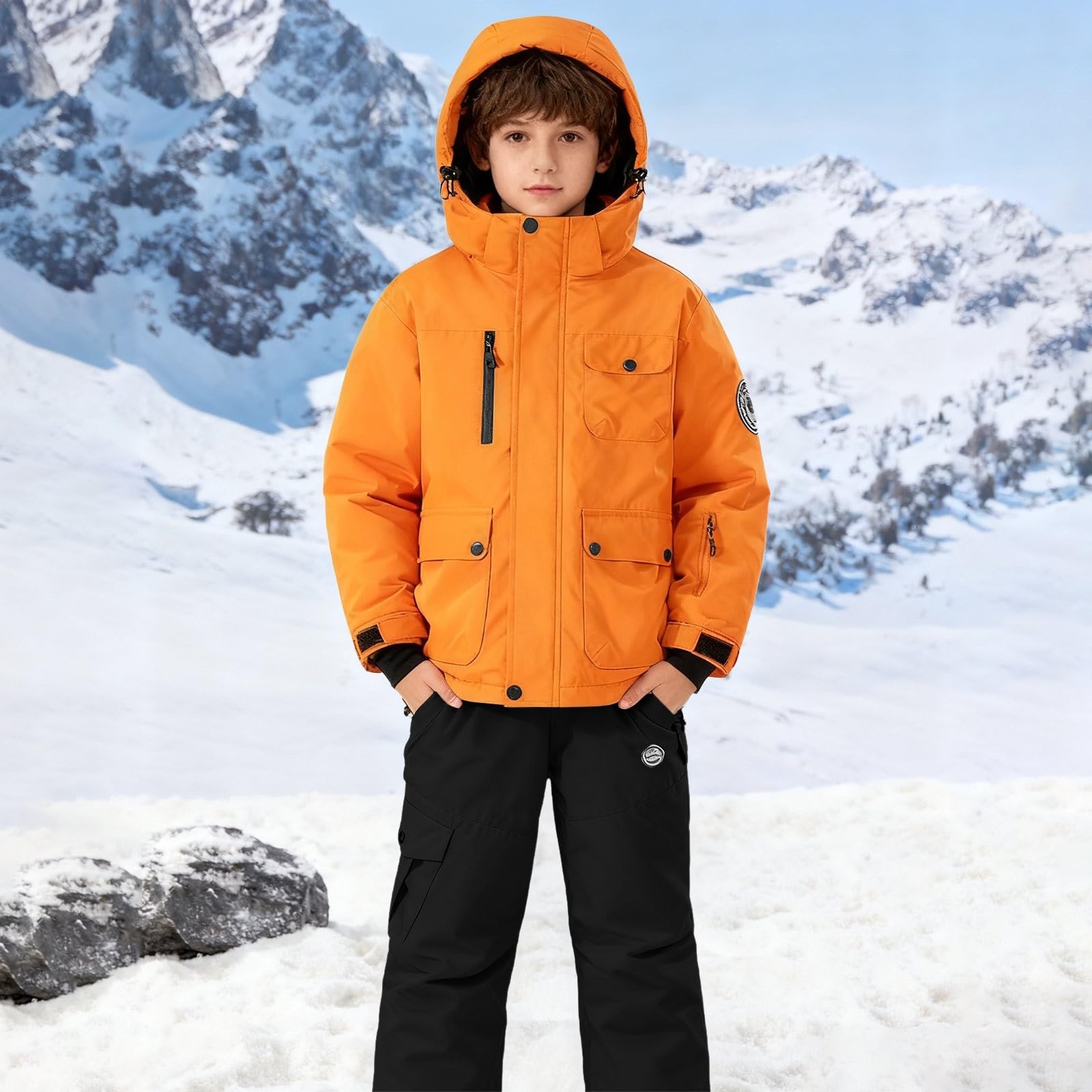 Generisch Traje de esquí para niños, traje de nieve monocolor, chaqueta de plumón con capucha + pantalones de esquí, juego de ropa de invierno de 2 piezas, traje de invierno grueso, resistente al