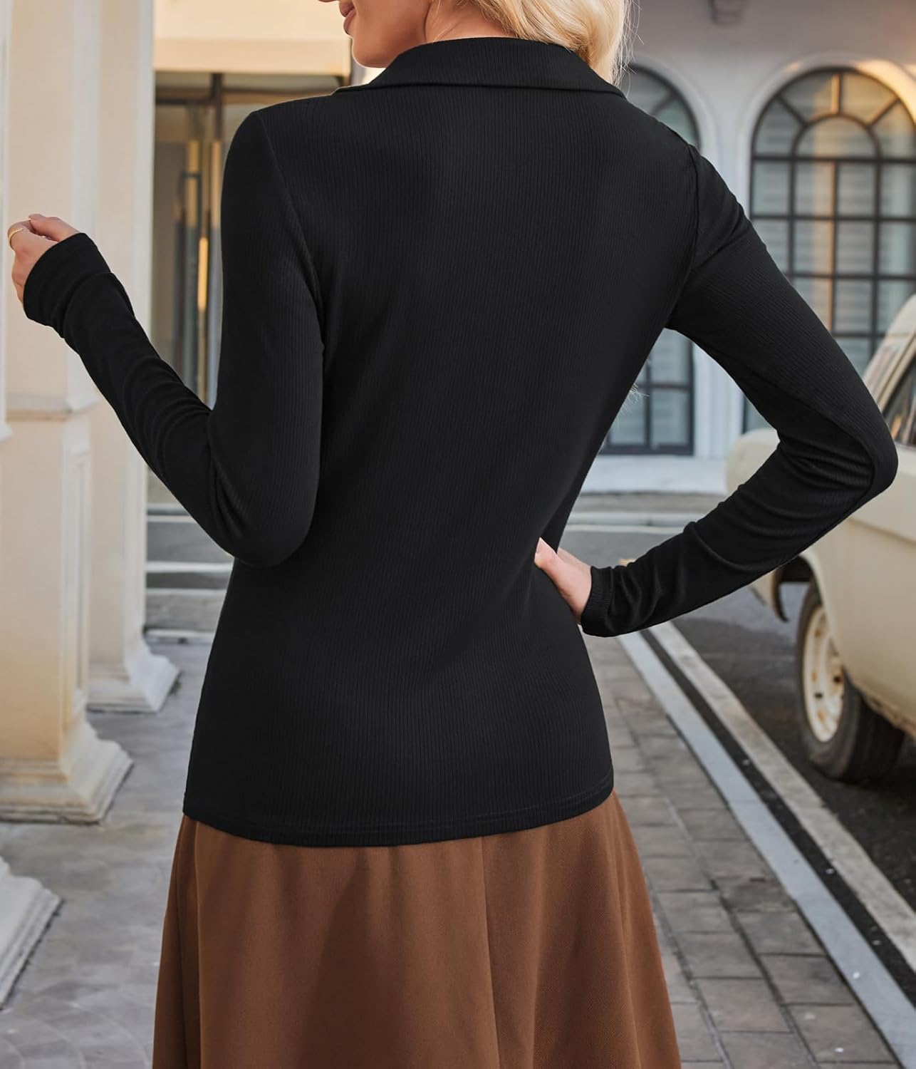 BAISHENGGT Womens Polo Shirts Long Sleeve Business Casual Basic Tops V Neck Ribbed Knit Sweater Slim Fitted Work Blouses - Image 2