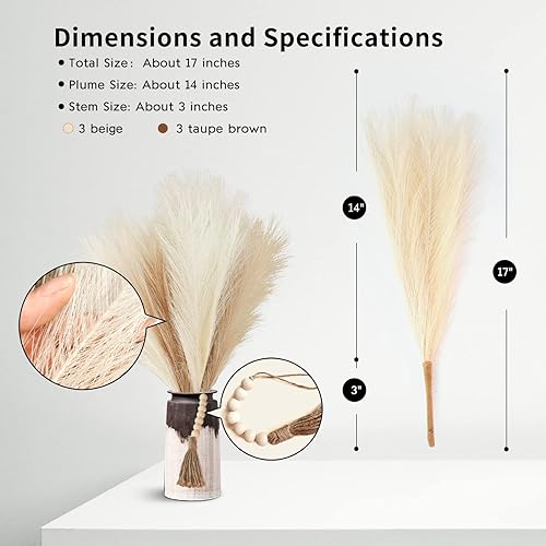 Miniatura 2 de Wanry flourigems 6 piezas de decoración de hierba de las pampas sintética de 17 pulgadas, hierba de las pampas pequeña artificial, no desprende