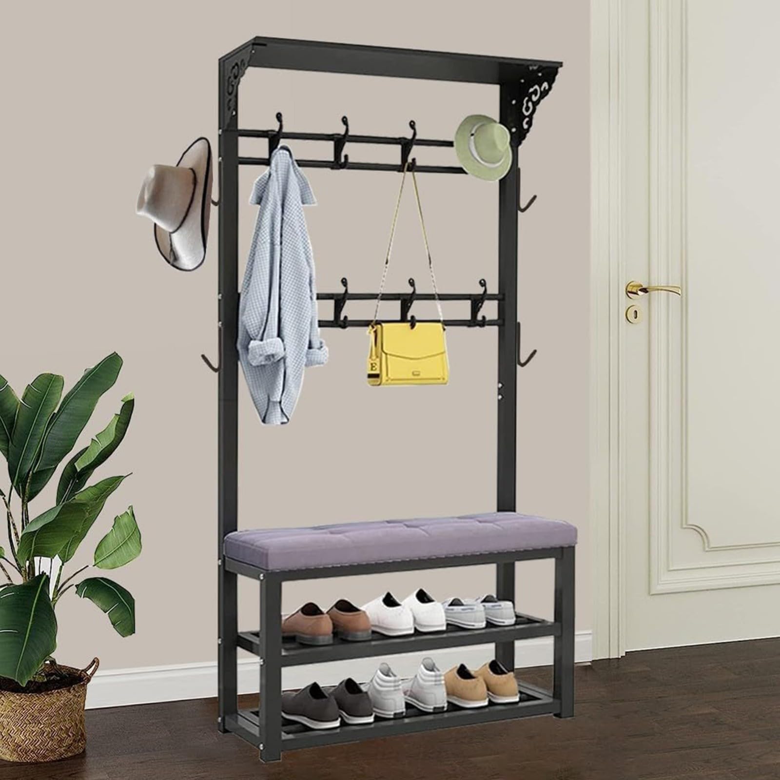 MYUYEE Shoe Rack With Wardrobe, Freestanding Wardrobe With Shoe Rack 2 Shelves, 5 In 1 Coat Rack With 8 Hooks, For Hallway, Living Room, Dressing Room A, 100Cm(A-100Cm)