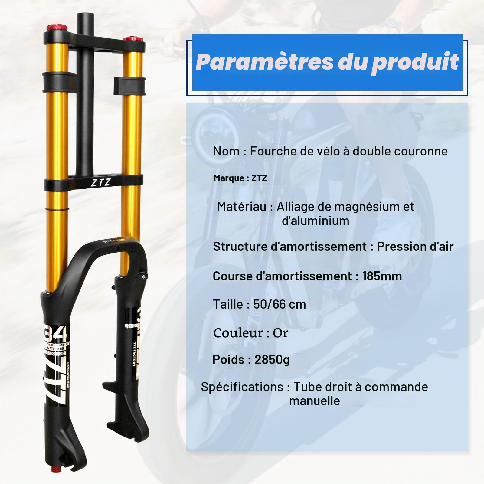 Fourche de Suspension pour vélo de Montagne 20"/26" 4.0 pour VTT Air Double épaule Descente Amortisseur de Rappel VTT QR/AM