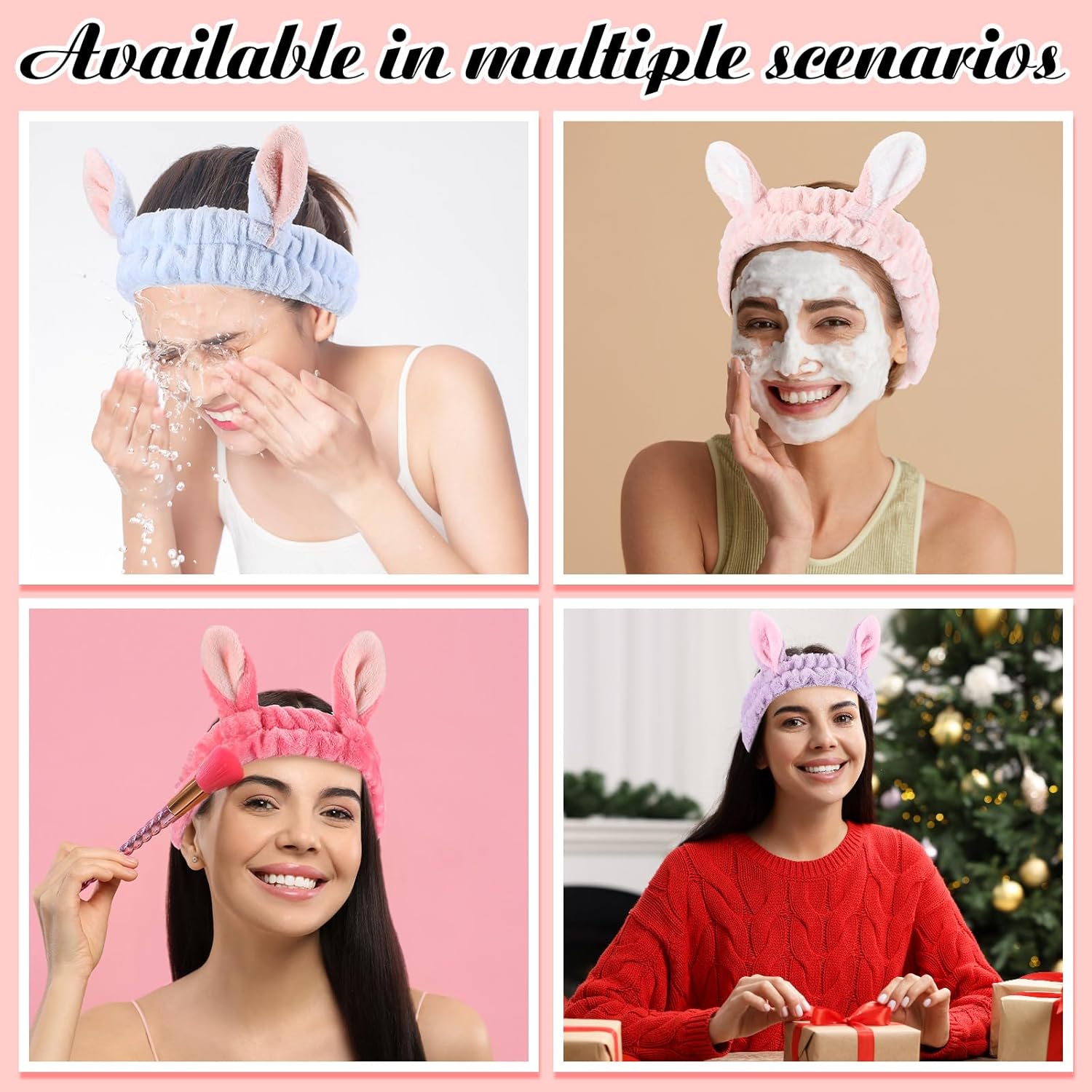 12 Pcs Bunny Ear Headbands Skin Care Headbands Fuzzy Makeup Cute Cosmetic Head Wraps Flannel Shower Hairband Coral Fleece Elastic Spa Hairband for Washing Face Women - Image 4