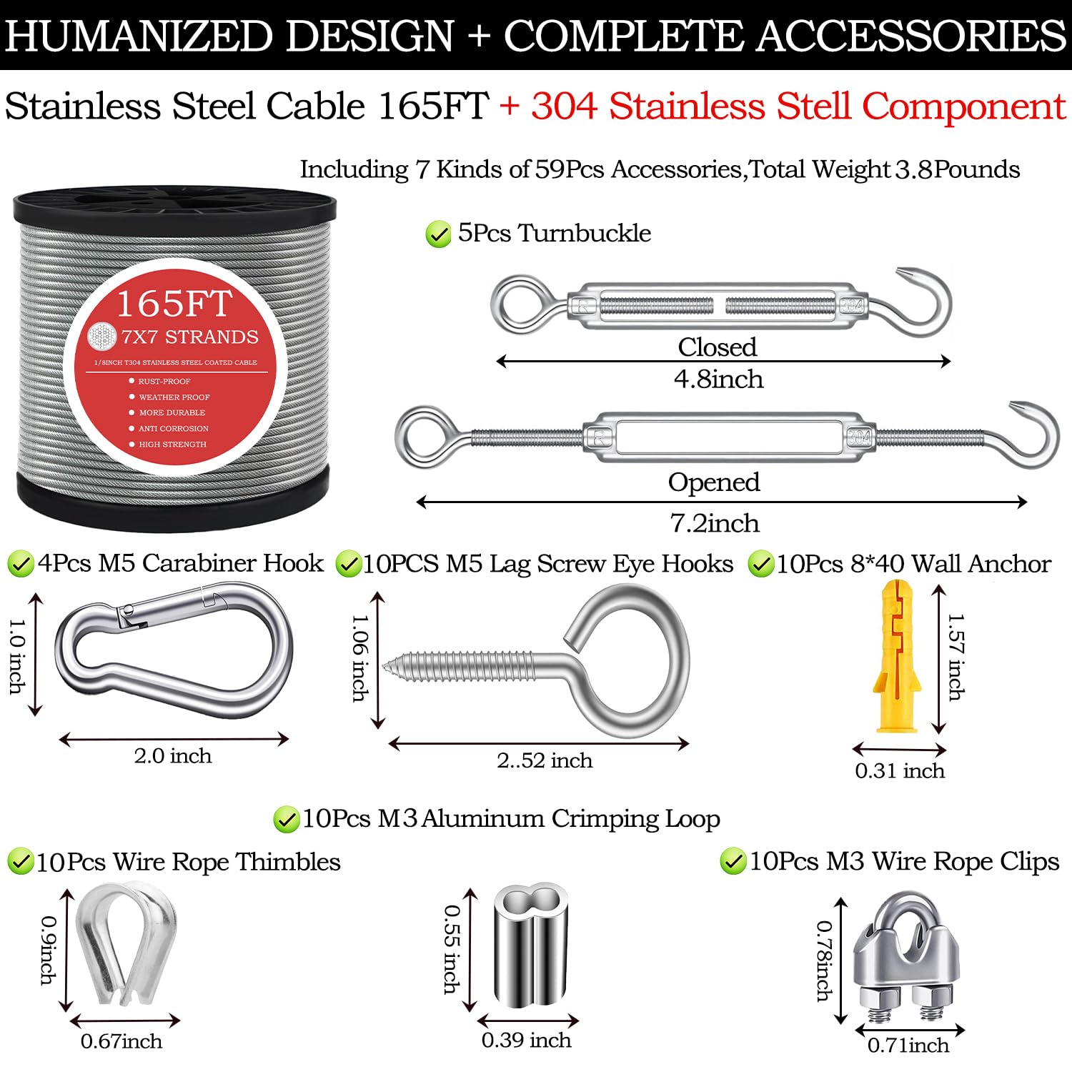 165FT Steel Cable Kit - Turnbuckles & Stainless Wire Rope -2