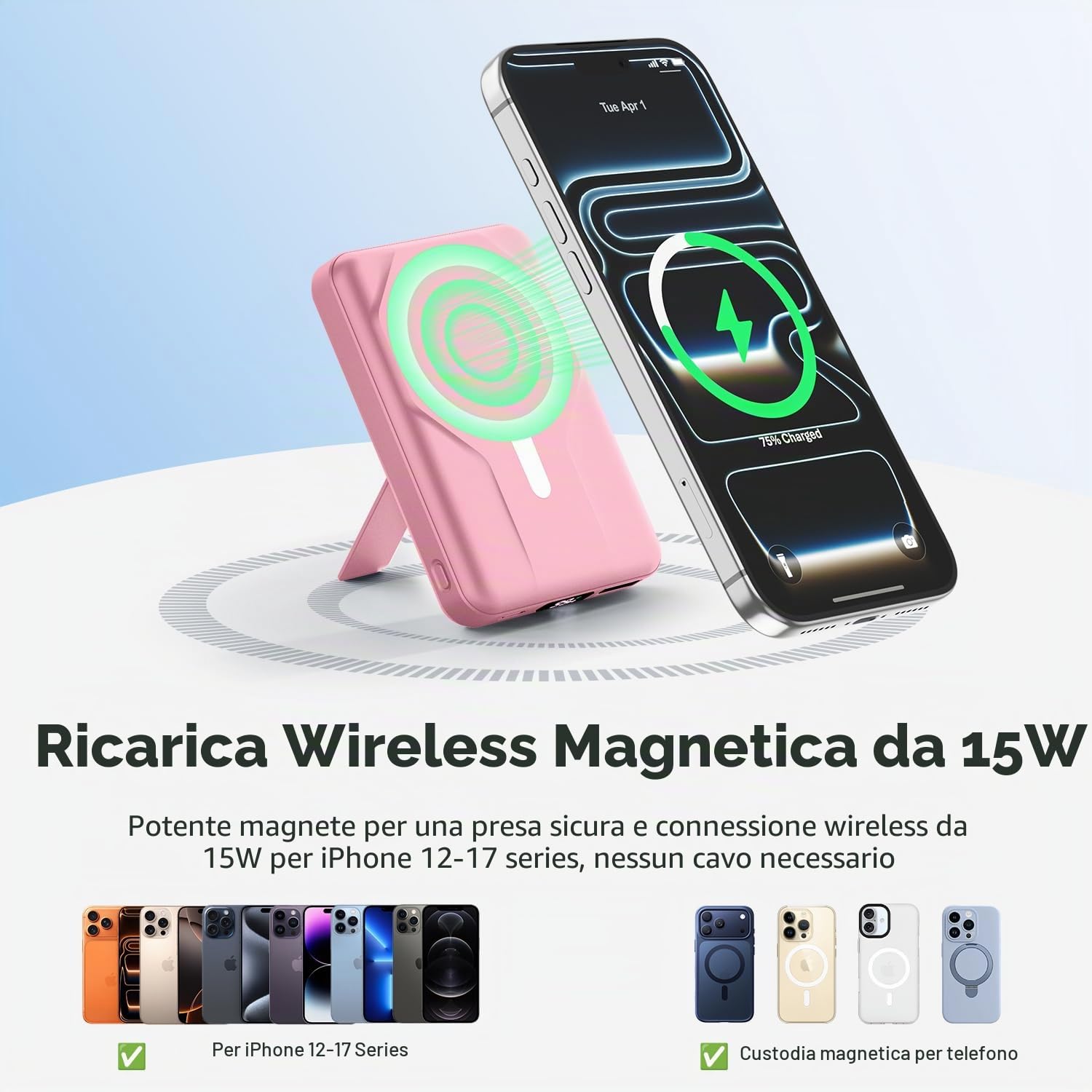 Azmuth per Magsafe Powerbank 10000mAh, Caricatore Portatile Magnetico Wireless 15W con Stand Pieghevole e Display LED USB-C 20W e USB-A 22.5W per iPhone 17/16/15/14/13/12 Pro/Pro Max/Plus Rosa