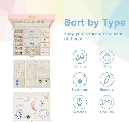 Miniatura 4 de KOOAAICCHI Joyero para mujer, organizador de joyas de 3 capas, estuche de almacenamiento de joyas de piel sintética para aretes, pulseras, anillo,