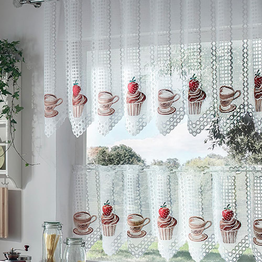 MforStyle KITCHEN curtain for windows COFFEE and STRAWBERY CUPCAKE with COLOURS - (selected curtain: 3 Metres Width, DROP: 28" (70cm)