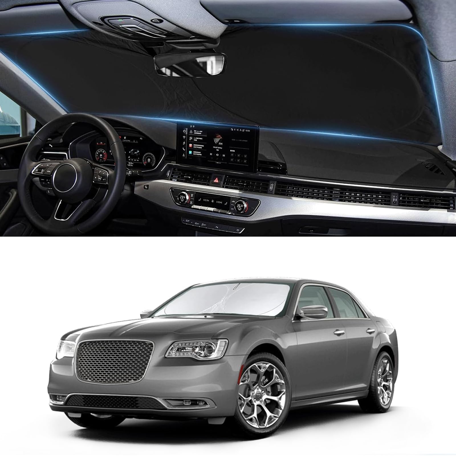 Sunshade for Chrysler 300 Windshield Sun Shade for Chrysler 300 300C 2011-2023 2024 2025 Car Accessories Foldable Front Window Shield Cover Sun Visor Protector 2 Layers Block UV Rays Heat with Pouch