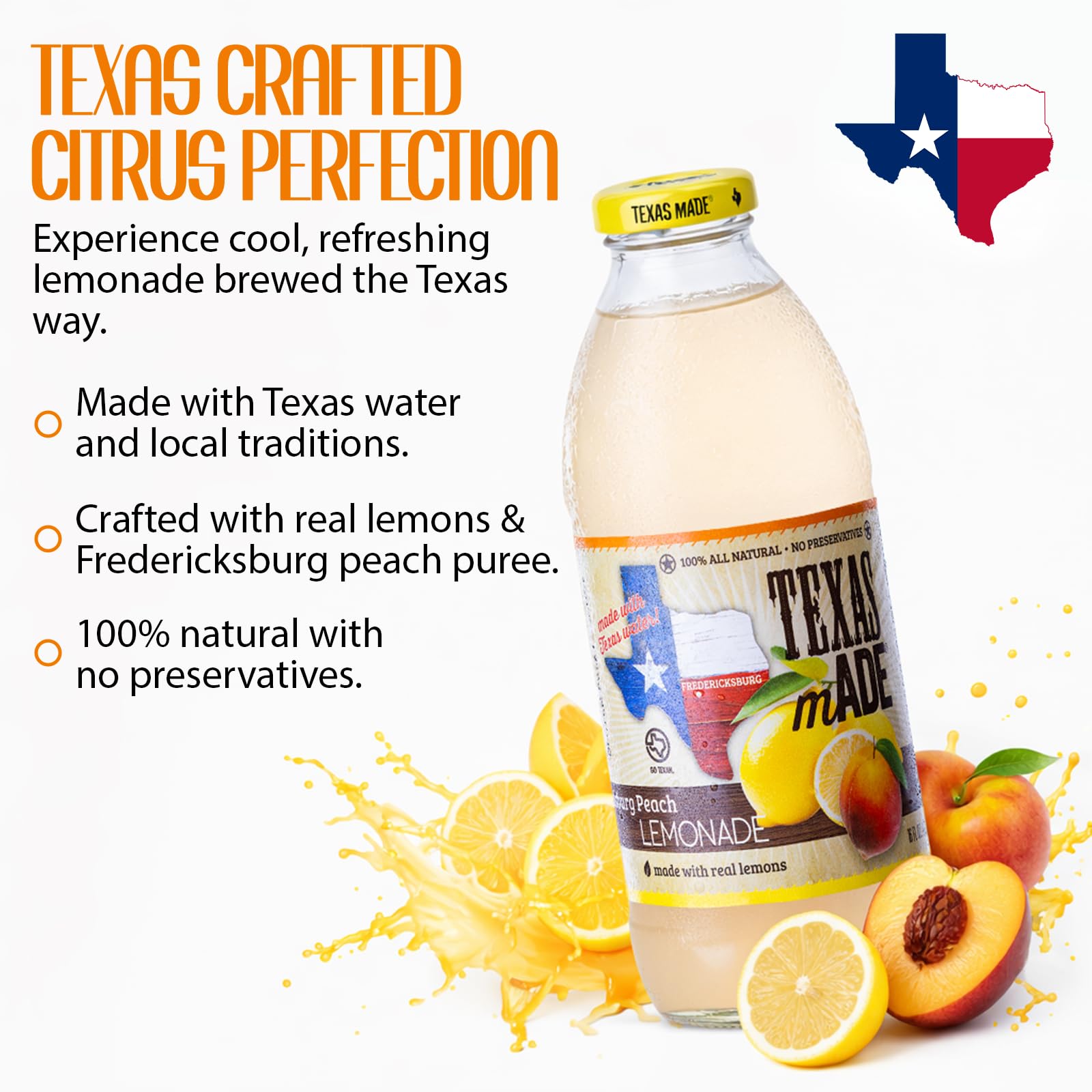 Texas mADE Fredericksburg Peach Lemonade, Lemonade Made with Pure Cane Sugar and Peach Flavor, No Preservatives, Texas Crafted Lemonade, 16 fl oz, Pack of 12
