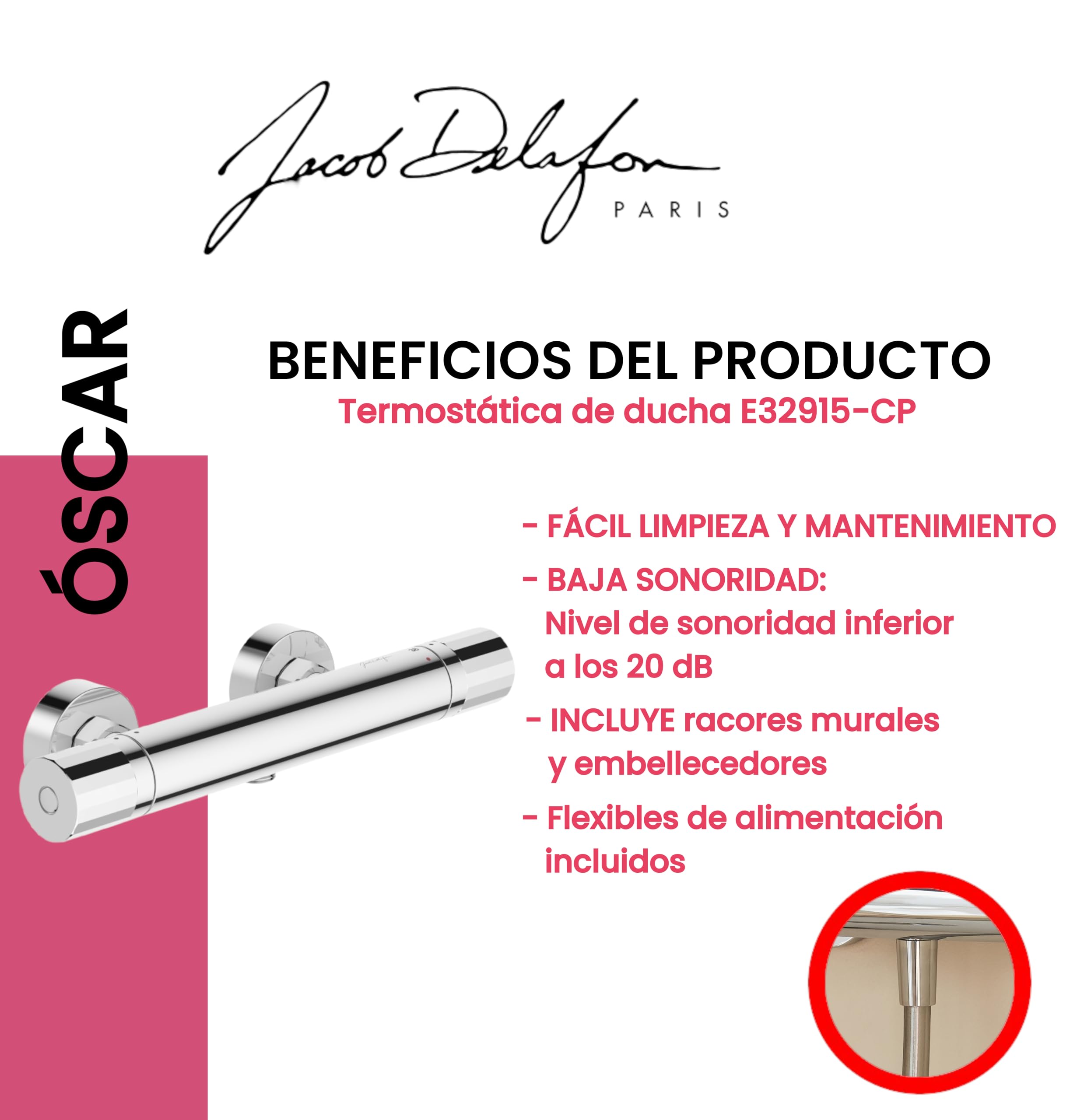 JACOB DELAFON Grifo termostático mural de ducha Ahorro de agua Fácil instalación Color Cromo OSCAR E32915-CP