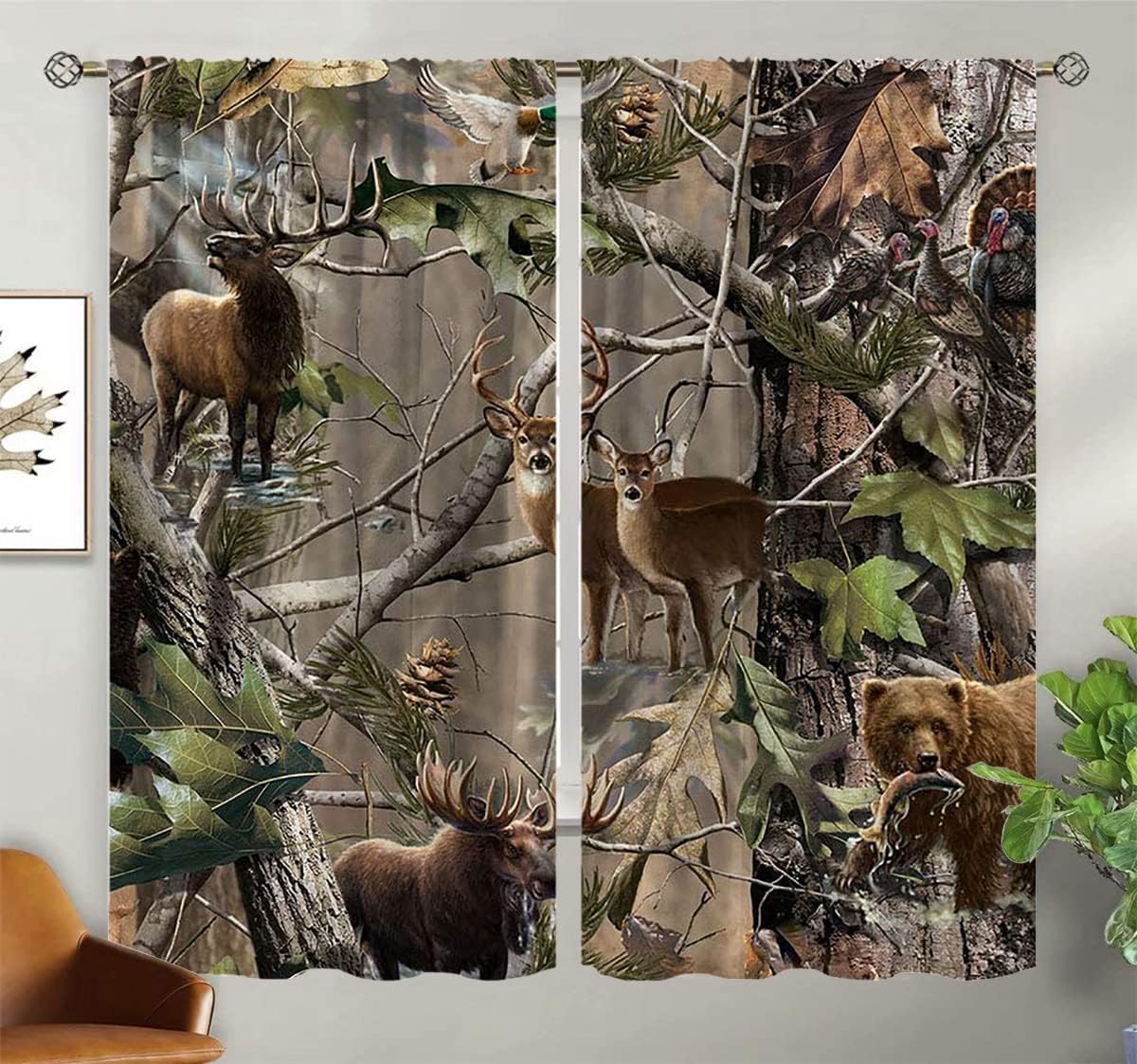 Camo Tree Blackout Curtains Home Decor,Forest Camouflage Wildlife Moose Deer Bear Rod Pocket Thermal Insulated Drapes Darkening Window Curtain for Bedroom Living Room 63 x 63 Inch