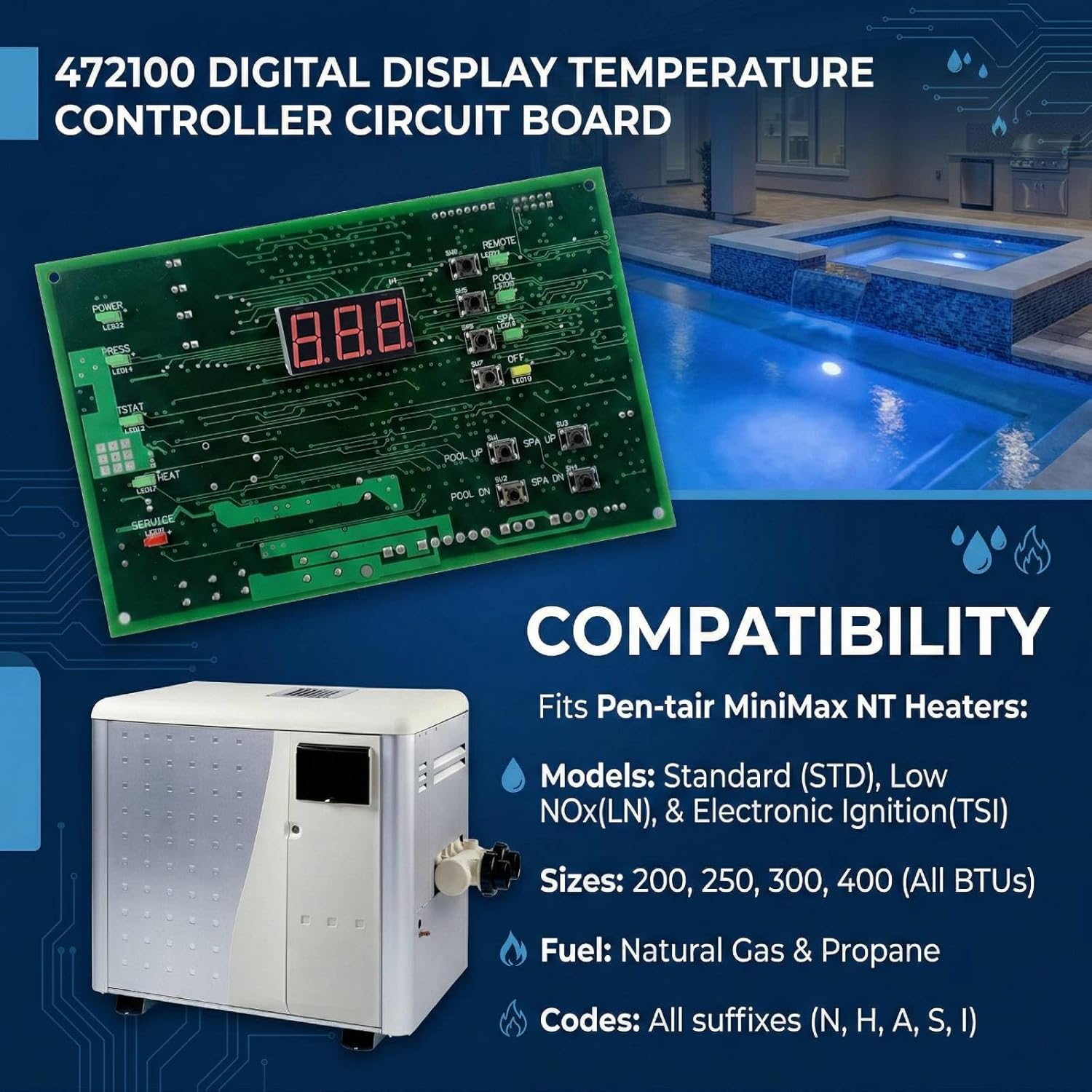 472100 Digital Display Temperature Controller Circuit Board Compatible with Pen-tair MiniMax NT LN STD TSI 200, 250, 300, 400 Series with keypad Overlay for MiniMax NT 6800 DDTC Control