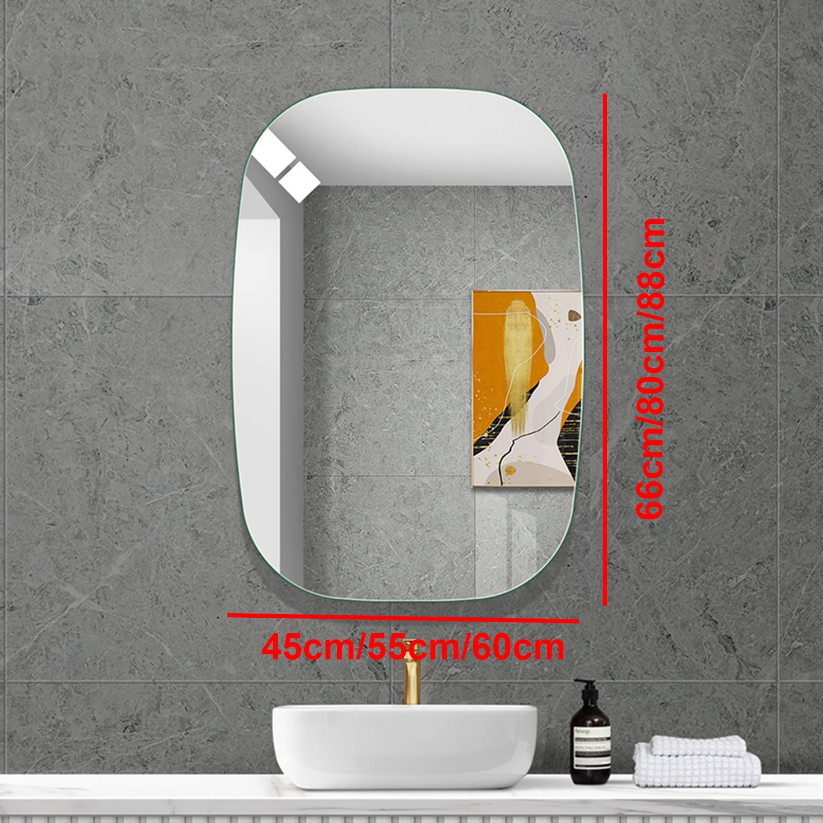 Specchio Espejo de baño moderno sin marco, espejo de pared decorativo de moda, diseño rectangular redondeado, espejo de maquillaje de alta definición, diseño a prueba de explosiones, fácil instal