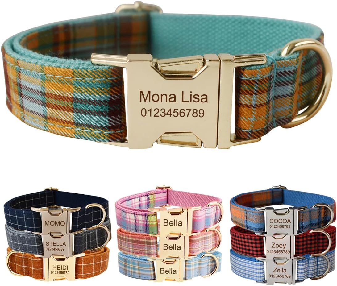Personalised Dog Collar With Metal Buckle, Customized Pet Collars with Name Phone Number Address Engraved, Plaid