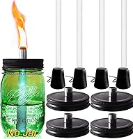 Ailetown 4-Pack Mason Jar Torch Kit: Fiberglass Wicks, Stainless Steel Lids & Outfire Caps for Patio Garden Table Decor (Jars Not Included)