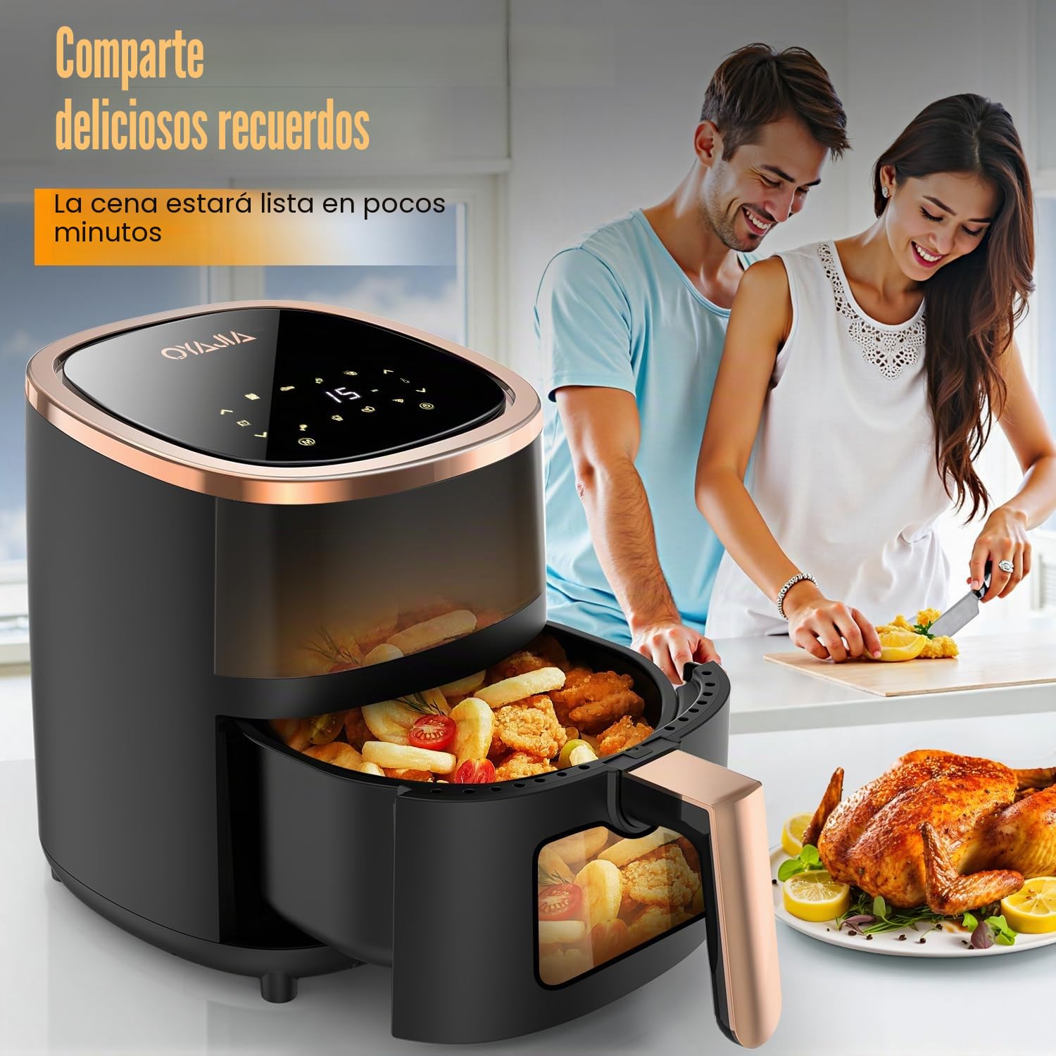 Freidora de aire caliente, 6 litros, airfryer con 8 programas, tecnología Rapid Air, pantalla táctil, ventana de visualización, apta para lavavajillas, freidora sin aceite, parrilla digital, horneado