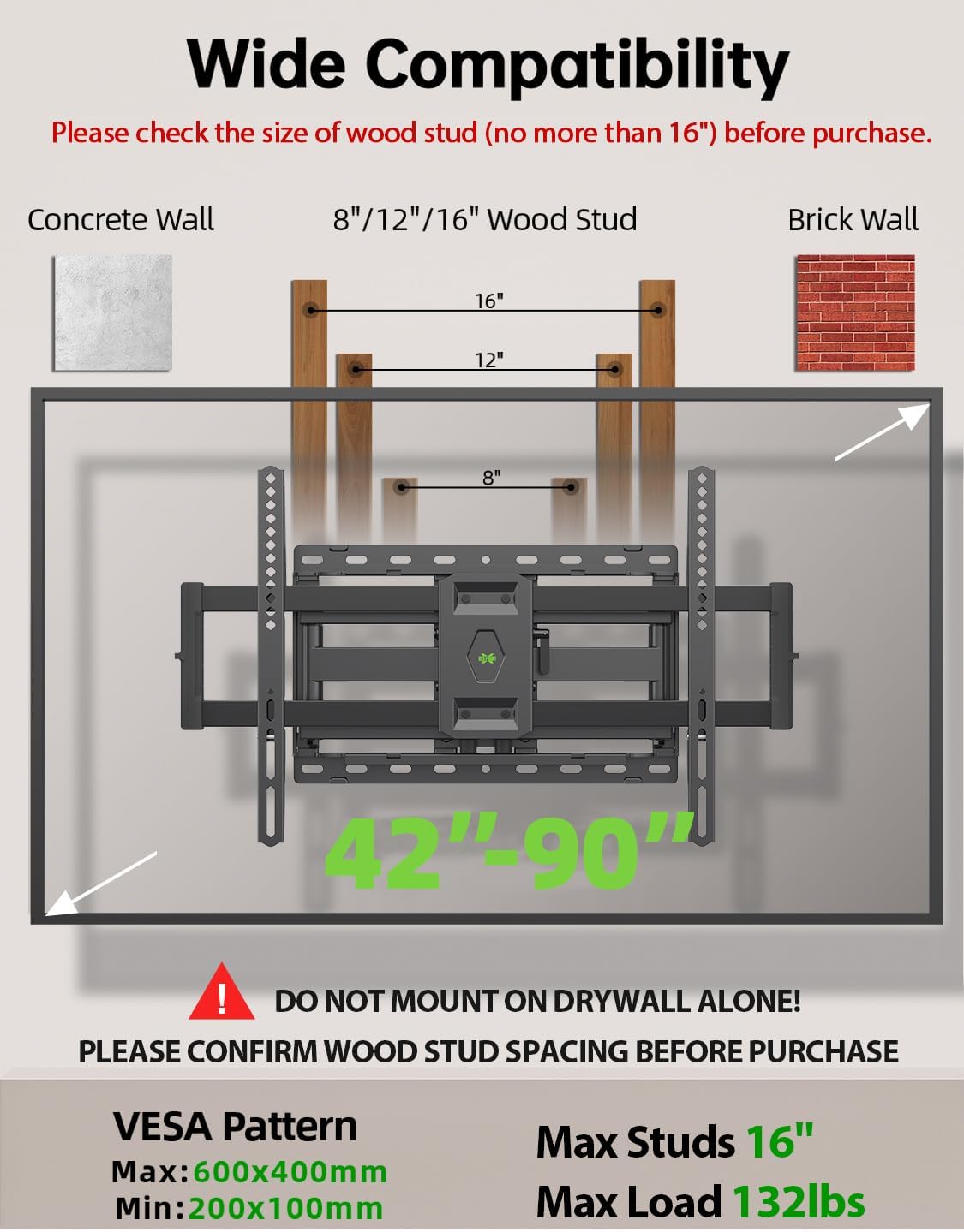 USX Mount Full Motion TV Wall Mount for Most 42-90 inch Flat Screen/LED/4K, TV Mount Bracket Dual Swivel Articulating Tilt 6 Arms, Max 16" Wood Studs, VESA 600x400mm, Holds up to 132lbs thumbnail