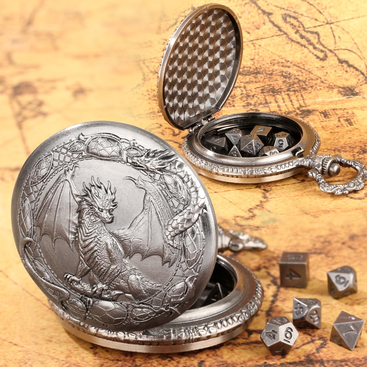 Mini DND Dice Set including Border Standing Dragon Pattern Pocket Watch Shell Case, DND Starter Set - Image 3
