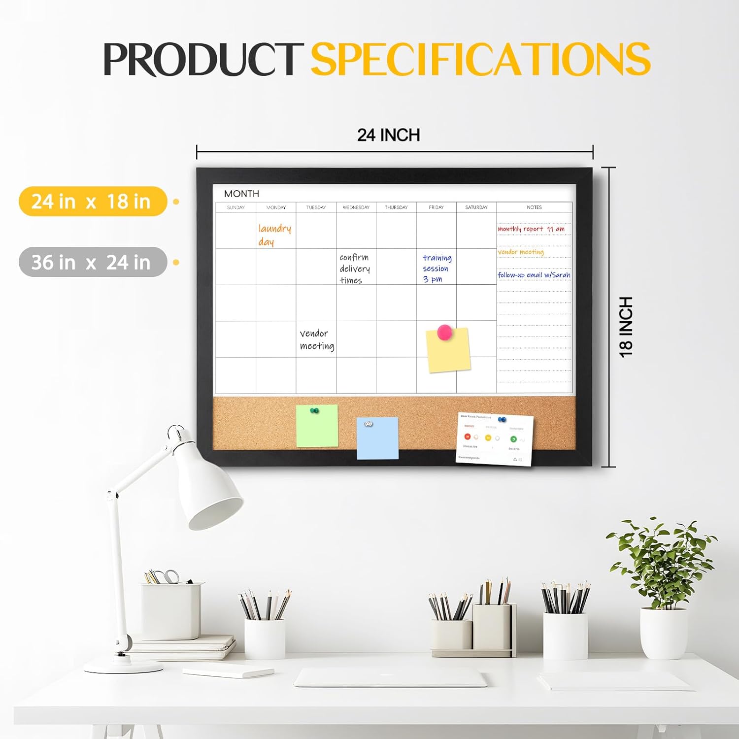 Dry Erase Calendar Whiteboard for Wall, WALGLASS 24" X 18" Cork Monthly Calendar White Board Combo with Aesthetic Wood Framed, Hanging Wall Mounted Large White Board for Home, School, Office