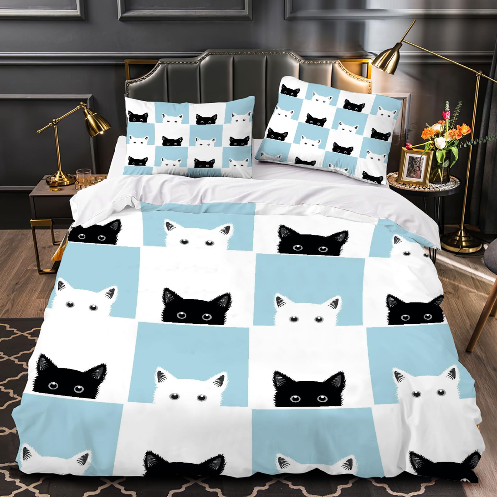 Housse de couette 220x240 chat mignon avec 2 taies d'oreillers 50x75 cm