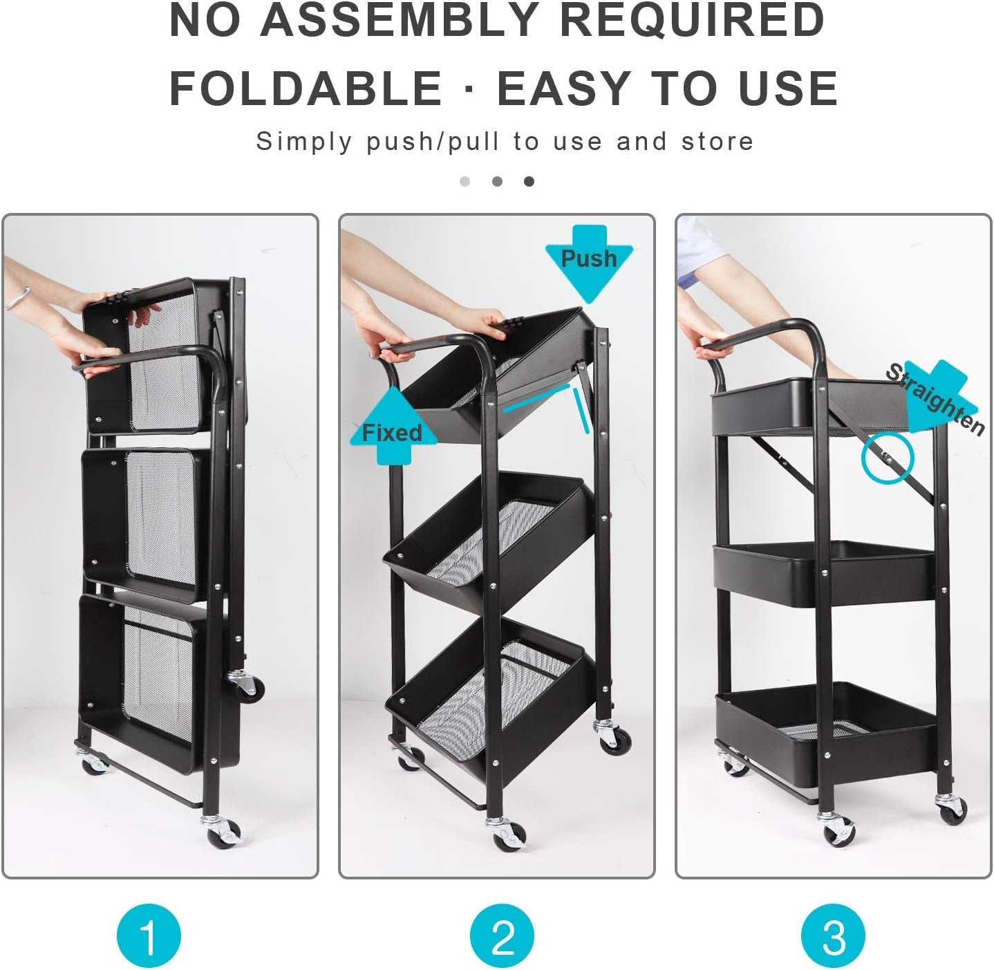 Deconation Desserte à roulettes Pliante Noire | Chariot De Cuisine Roulant Et Pliable 3 Niveaux De Rangement | H 90 Cm X L 40 Cm X P 30 Cm