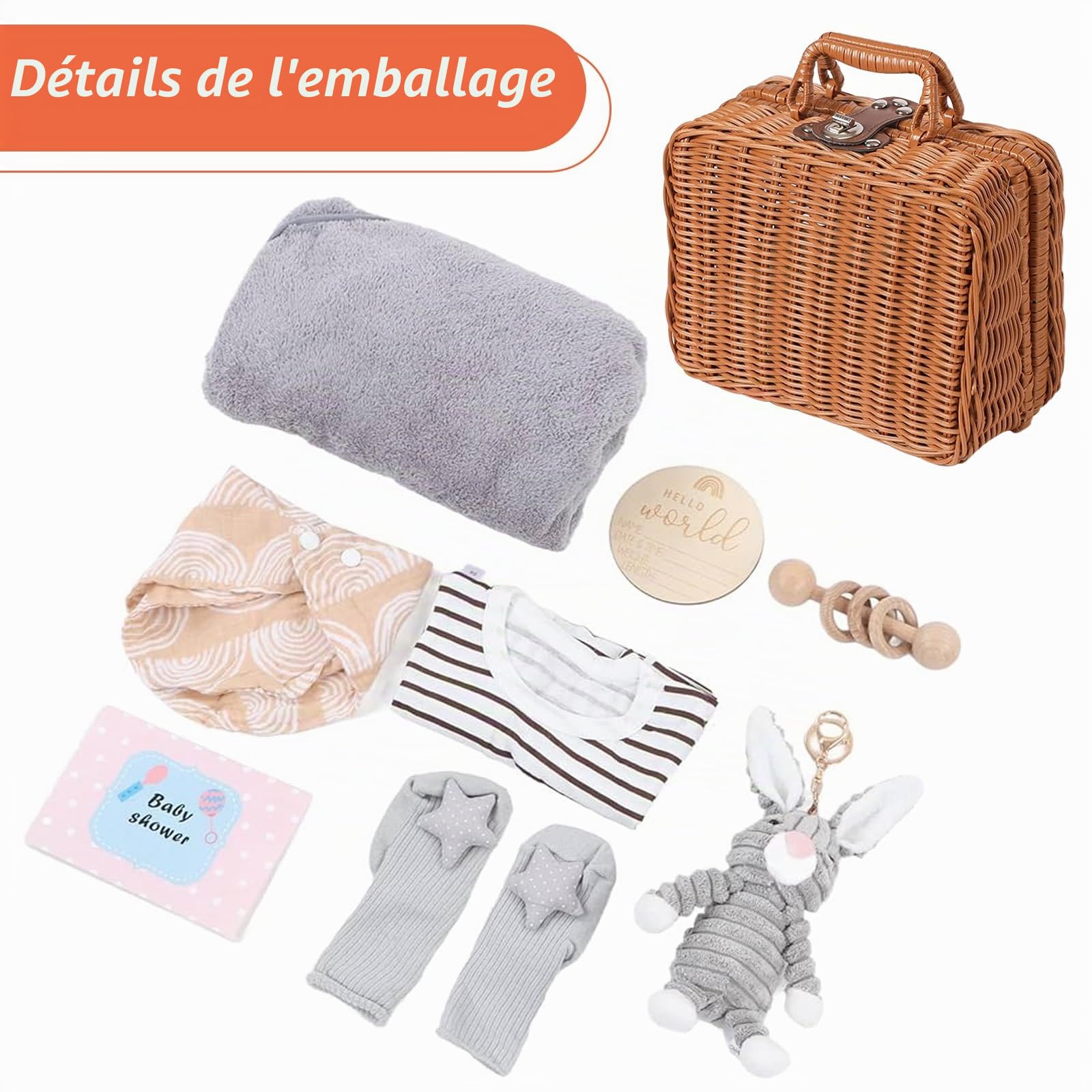 Panier cadeau pour nouveau-né : coffret cadeau 9 en 1 pour bébé, cadeau de fête prénatale avec foulard triangulaire, paniers, cartes de naissance, cartes de vœux, chaussettes, peluches, vêtements