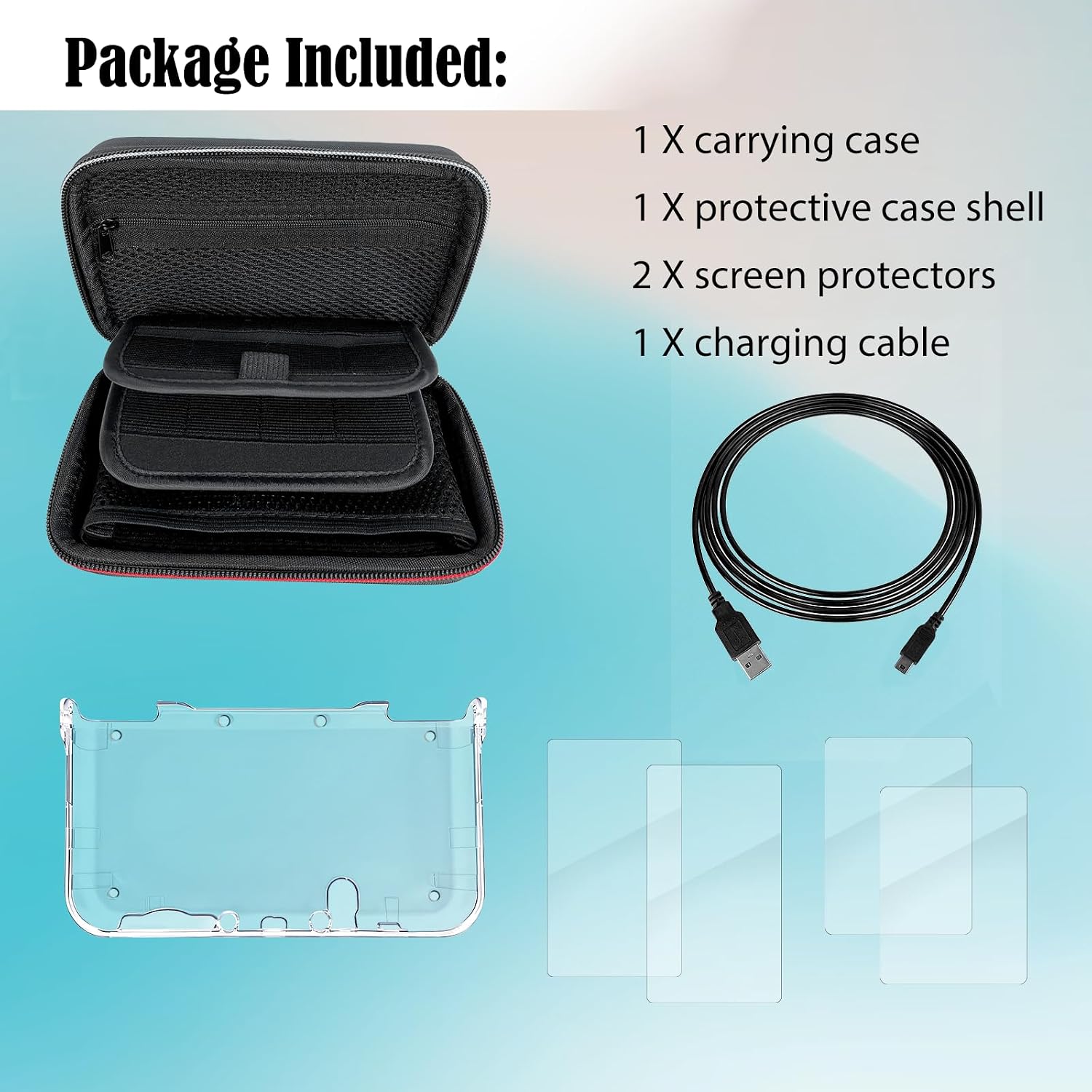 JDGPOKOO 5 in 1 Accessories Kit for New Nintendo 3DS XL/LL 2015, Carrying Case for New 3DS XL/LL, Clear Shell Case, 2 Set Screen Protectors and Charging Cable Compatible with Nintendo New 3DS‌ XL/LL ONLY