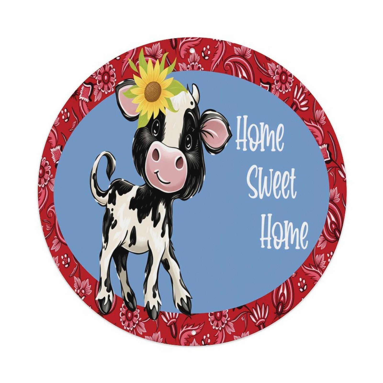 Floral Red Border Cow Sunflower Round Tin Sign Retro Metal Sign for Cafe Bar Pub Home Game Room Gym Club Wall Decoration Vintage Metal Poster 8x8 Inch