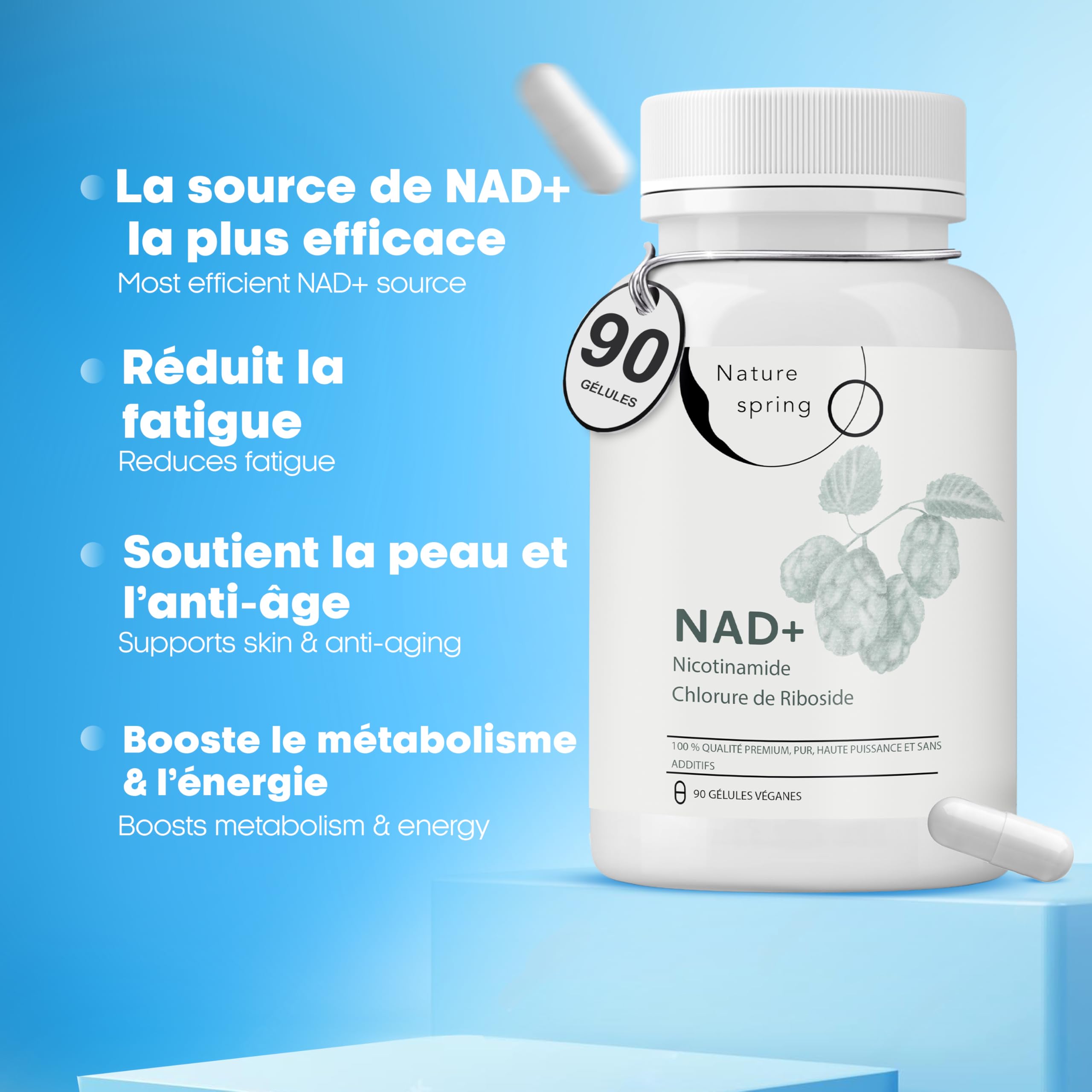 Nad Supplement Nicotinamide Riboside 90 Capsules - Testé en Laboratoire en Allemagne - 300 mg par Capsule - Nicotinamide Nad pour 3 Mois