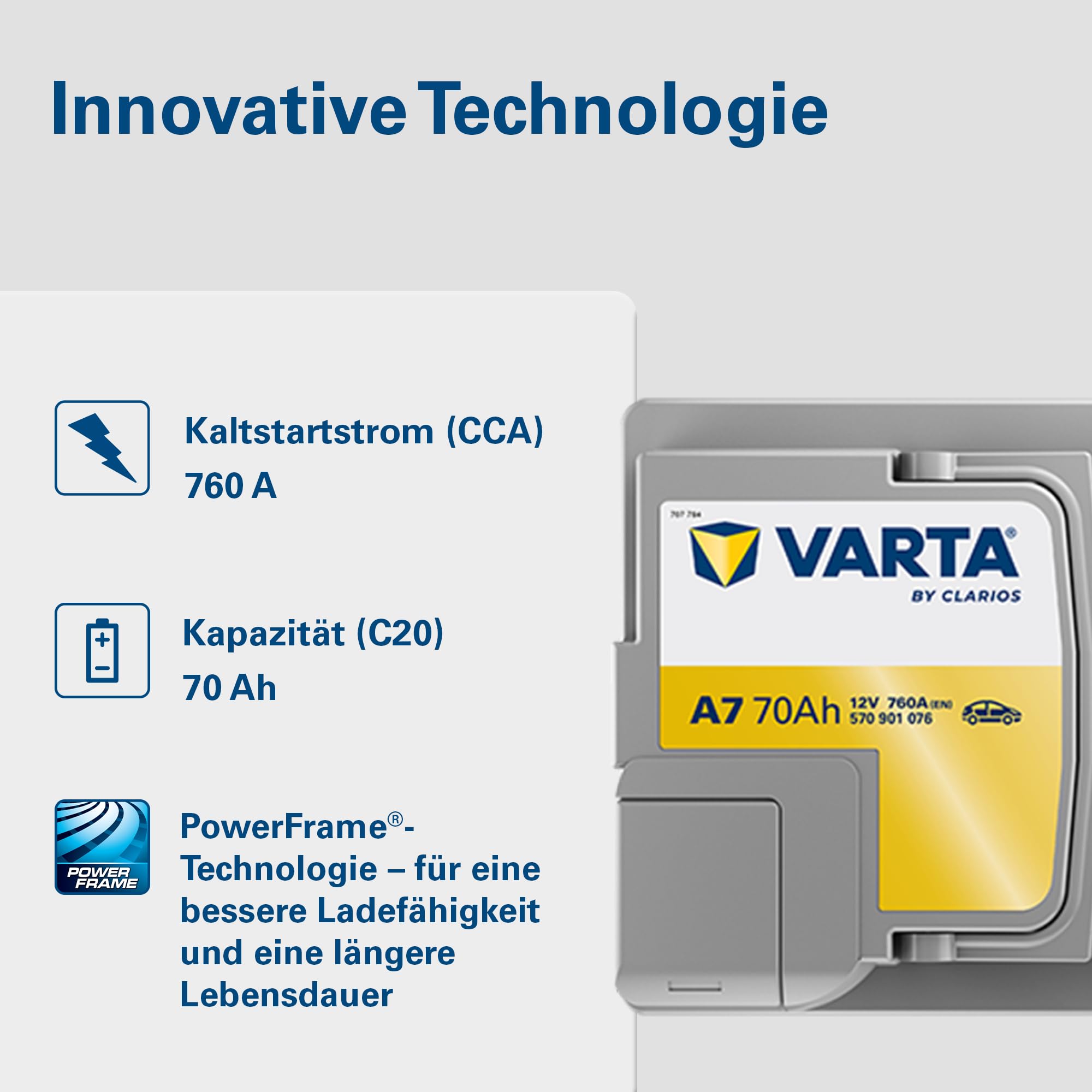 VARTA Automotive DYNAMIC AGM (A7) 12V 70Ah 760A - Nassbatterie für Start-Stopp Systeme und xEV - Starterbatterie für Autos mit höherem Energiebedarf - Wartungsfreie Bleisäurebatterie