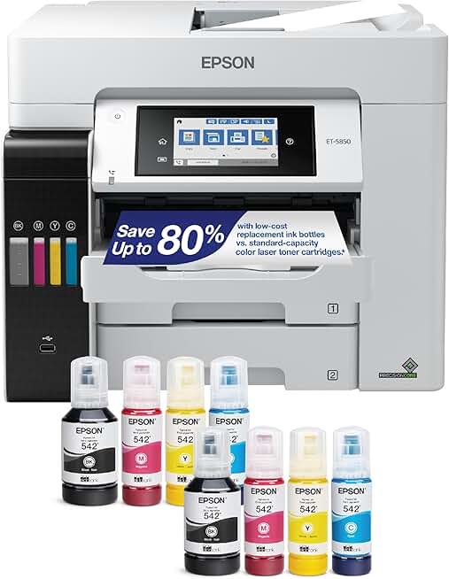 Epson EcoTank Pro ET-5850 Wireless Color All-in-One Supertank Printer with Scanner, Copier, Fax and Ethernet, White