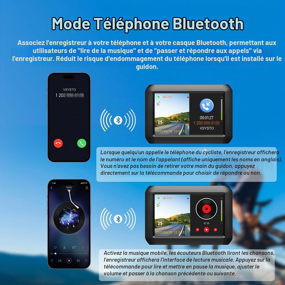 VSYSTO Caméra de recul pour vélo, rétroviseur de Guidon pour vélo, écran 4'' WiFi HD 1080P Caméra Avant et arrière DVR avec TPMS GPS Bluetooth Mode Téléphone Capteur de température (Bike-F3K)
