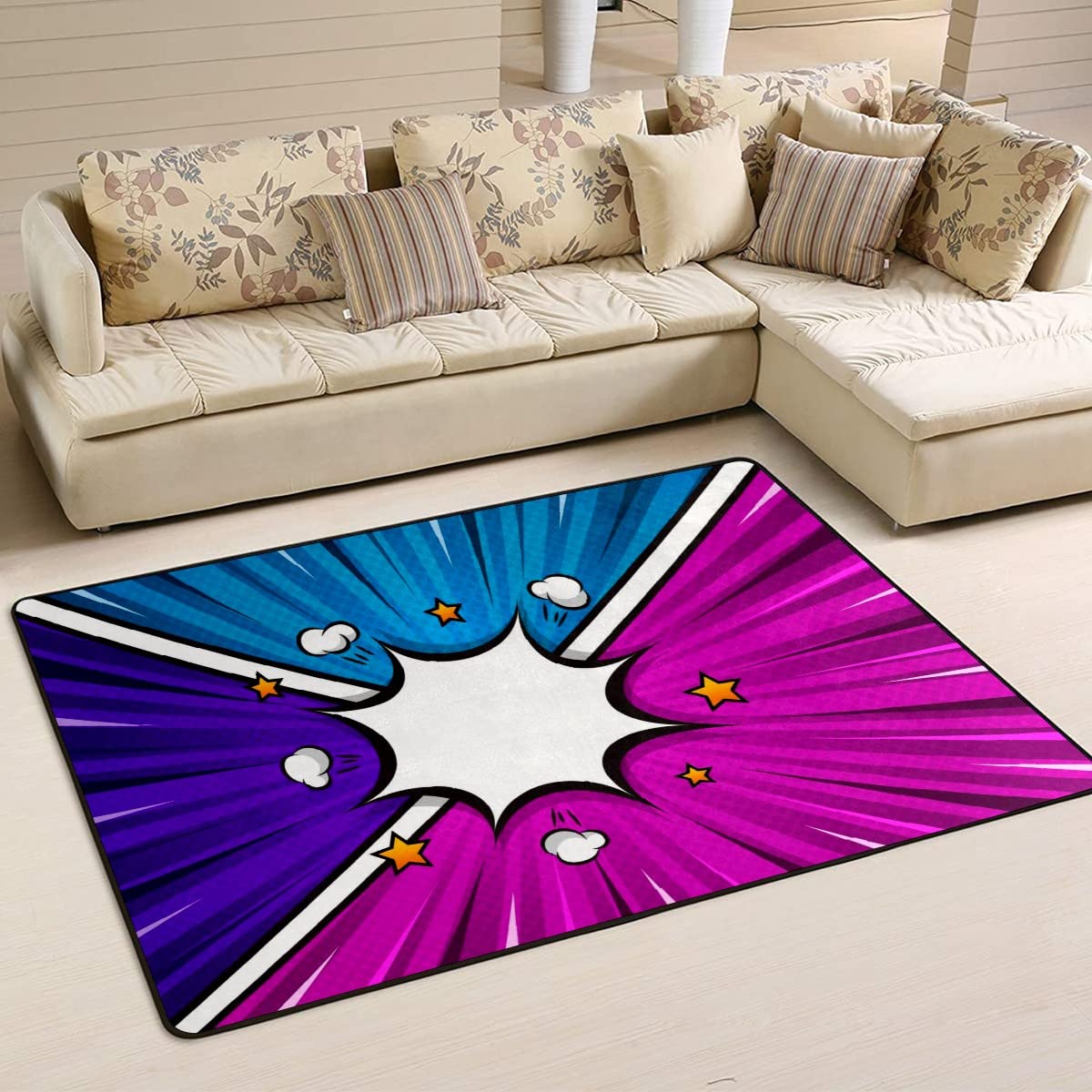 Area Floor Rug 100x150cm, Blue Purple Comic Boom Area Rugs For Bedroom Large Flannel Mat Rug Water Absorbent Office Mats, For Indoor & Outdoor, Bedroom
