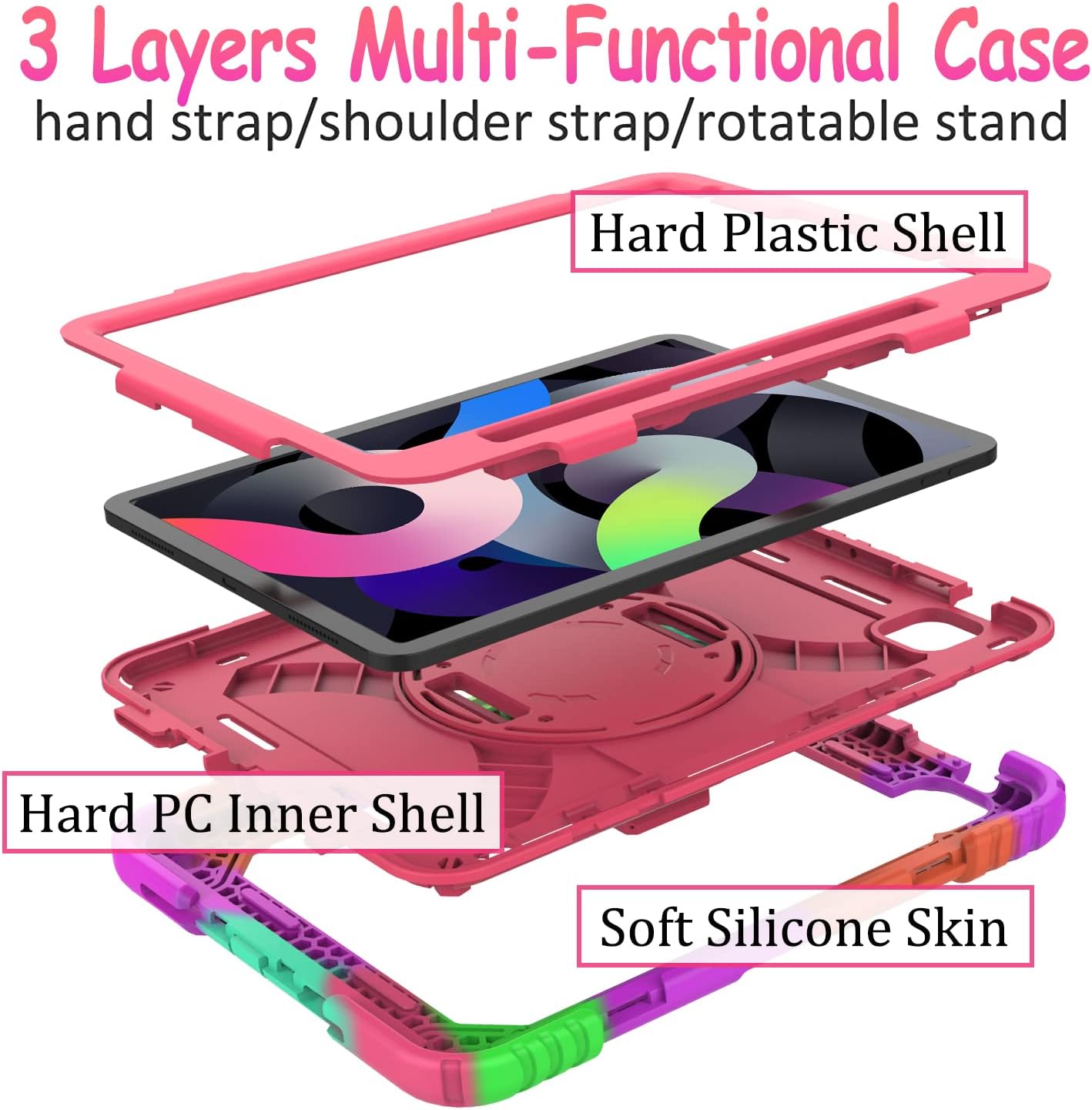 BMOUO iPad Air 5th/4th Generation Case (2022/2020), iPad Pro 11 Case 2021/2020/2018, Shockproof [360 Rotating Stand] [Hand Strap] [Pencil Holder] Kids Case for iPad Air 5/4 10.9”, iPad Pro 11”, Rose