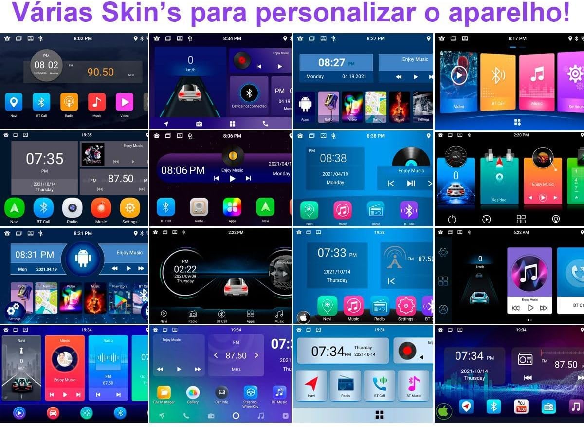Multiple screenshots showing different user interface themes and layouts for the multimedia system
