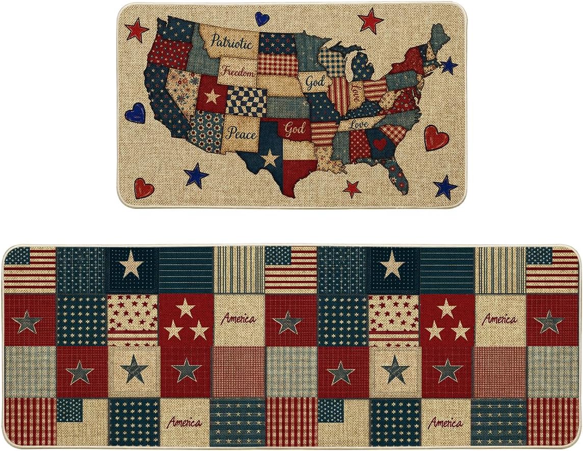 Artoid Mode American Map Stars Buffalo Plaid Patriotic 4th of July Kitchen Mats Set of 2, Memorial Day Home Decor Kitchen Rugs for Floor - 17x29 and 17x47 Inch