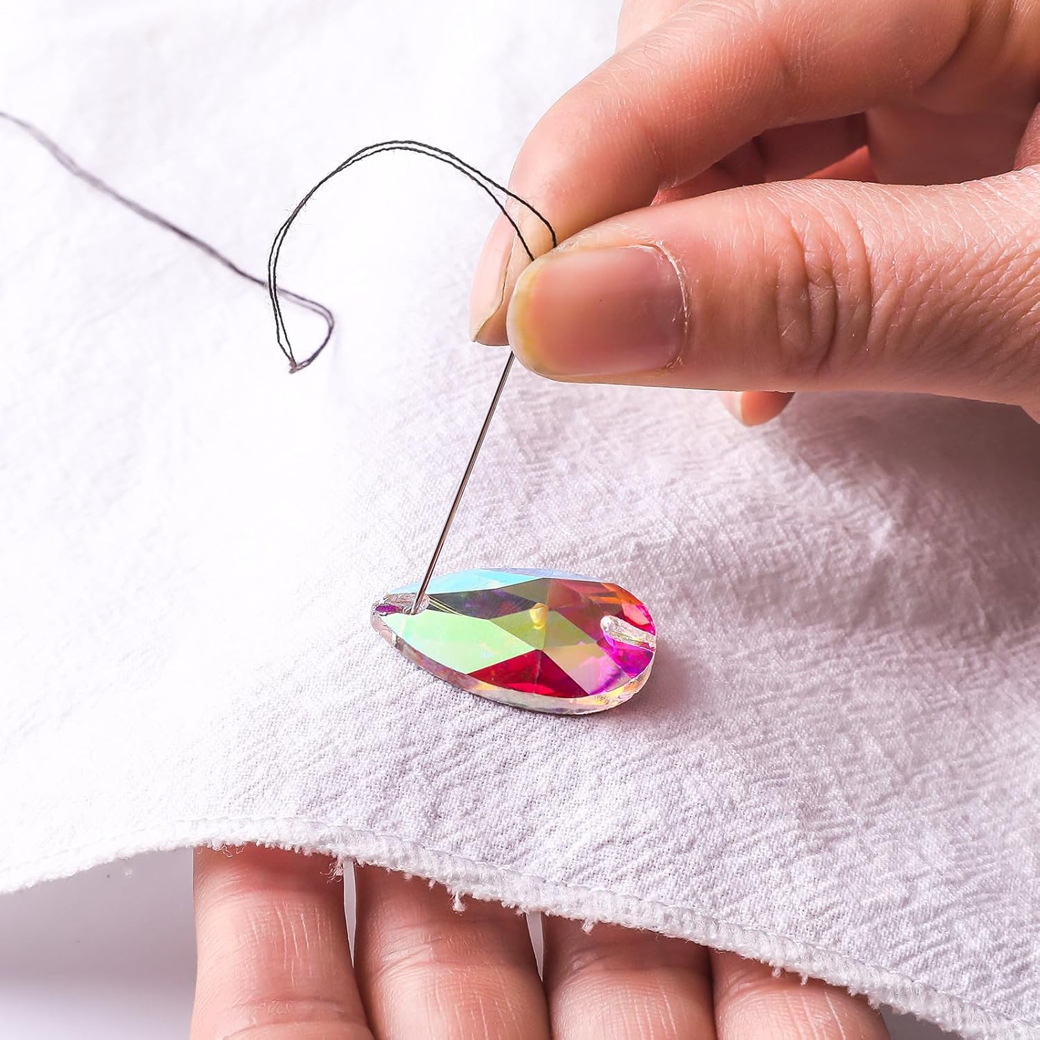 SWTHONY 40pcs 13 x 22mm AB Teardrop Sew On Rhinestones for Crafting, Large Crystal Glass Gems Silver Plated Flatback Jewels with 2 Holes for Crafts Clothes Fabric - Image 4