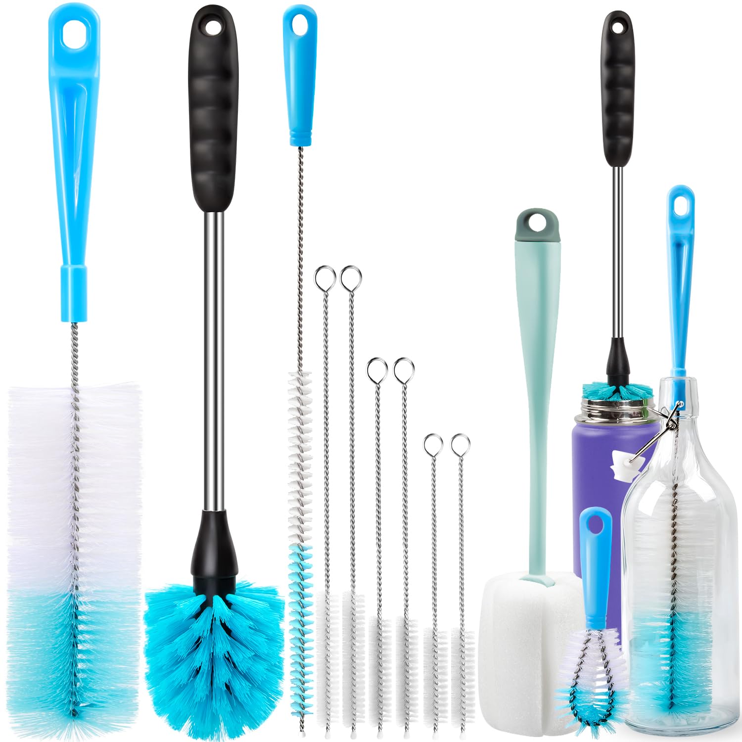 Holikme Bottle Brush Tube Cleaning Lab Set with Long Handle, Cup Cleaner for Washing Narrow Neck Beer Wine Decanter Pipes Lids Sinks Cap Covers,: Green