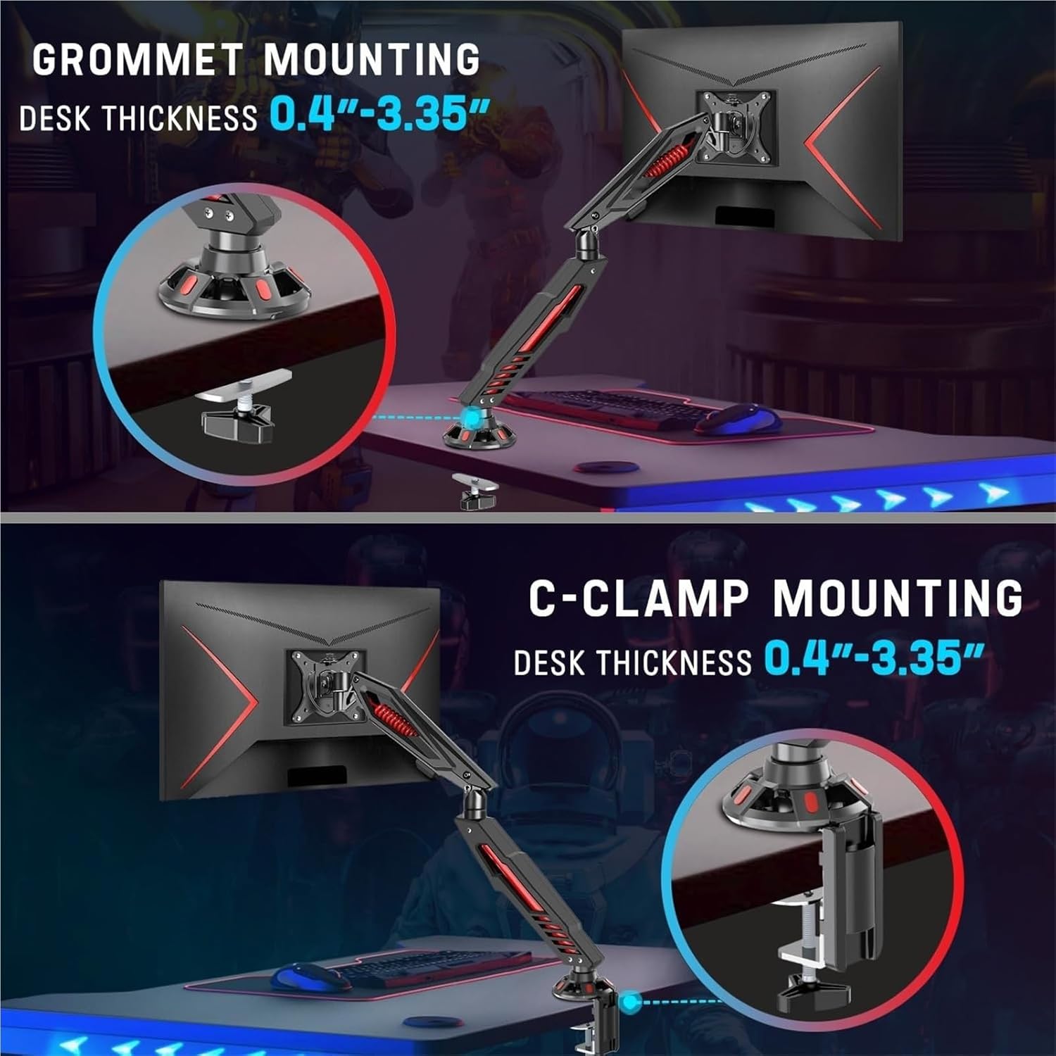 Adjustable Gaming Monitor Arm with Mechanical Spring, C Clamp & Grommet Base, VESA Mount for Screens Up to 32"