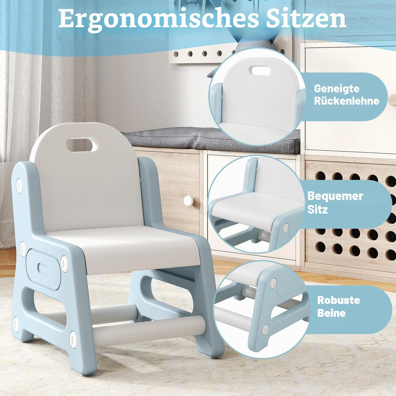 LIFEZEAL Kinder Tisch Stuhl Set, Zeichentisch mit magnetischer Whiteboard & Kinderstuhl, Verstellbarer & neigbarer Schreibtisch mit Stauraum, Maltisch für Kinder ab 3 Jahr (Weiß + Blau)