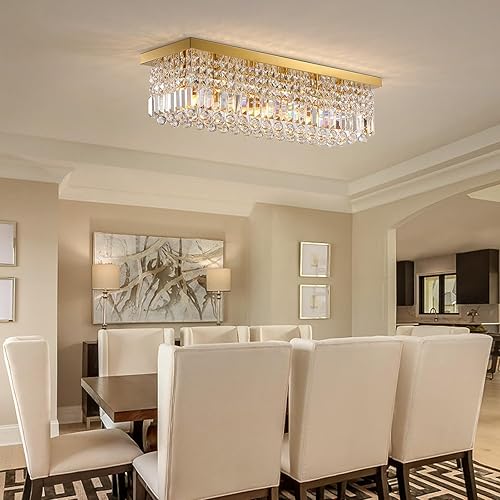 Miniatura 7 de Siljoy Candelabro moderno de cristal con 6 luces, rectangular, empotrado, lámpara de techo colgante de lujo dorada K9, lámpara de gota de lluvia de