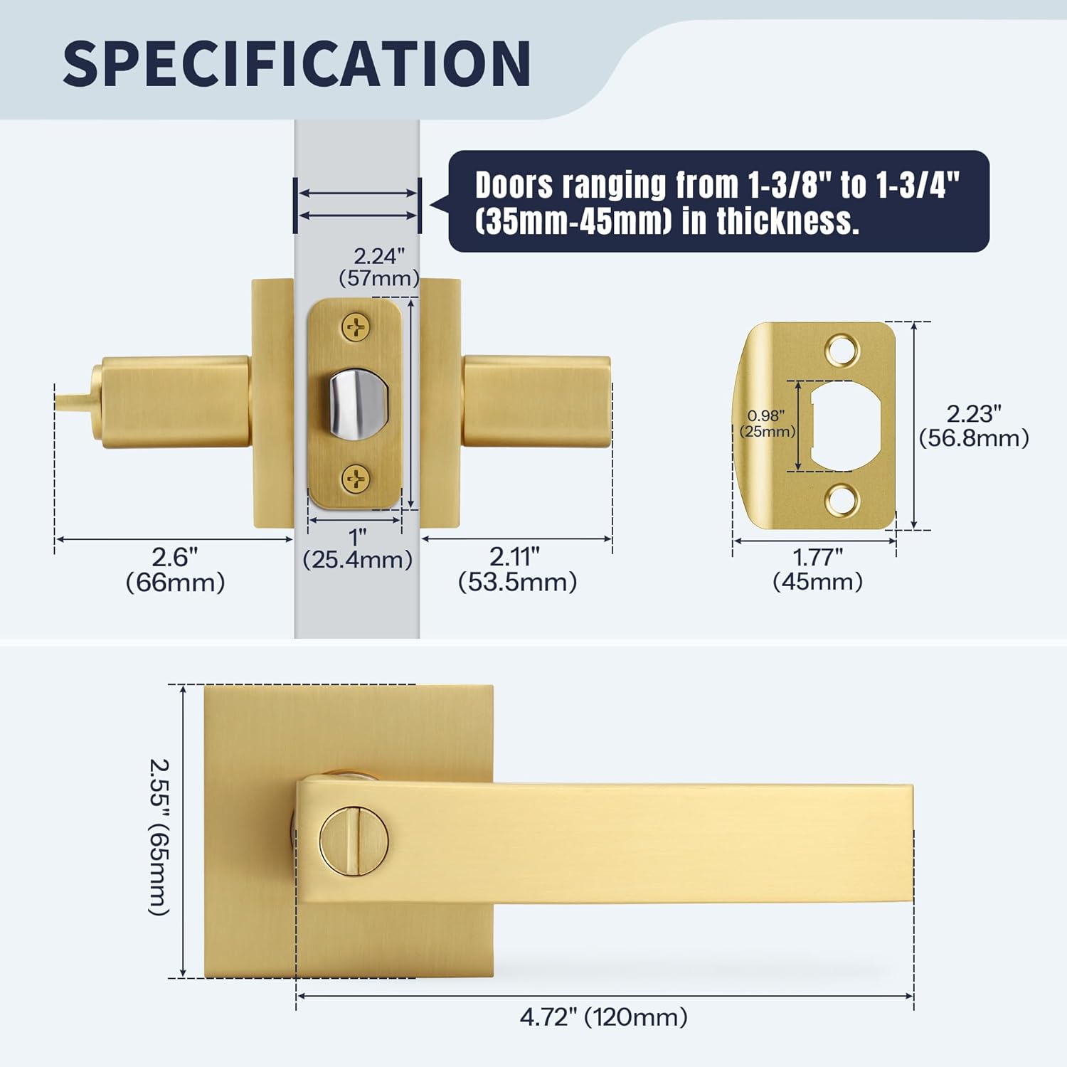 Square Privacy Gold Door Handles (No Key) for Bathroom and Interior Closet, Heavy-Duty Brushed Gold Reversible Door Lever, Satin Brass, 3 Pack