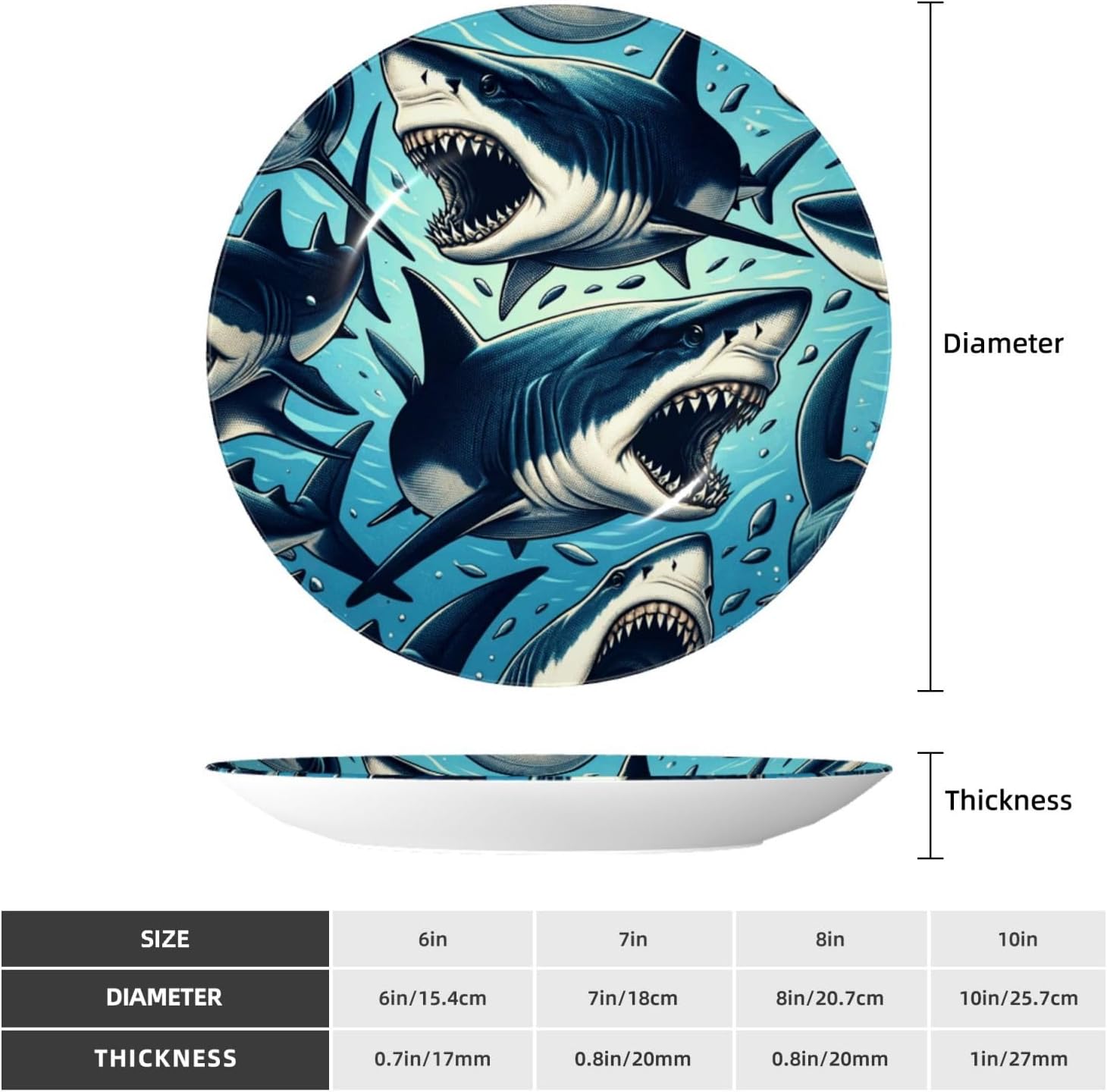Shark-Open-Mouth-Sea 10 Inch Decorative Plate With Stand, Elegant Display Wall Plate For Home Decor