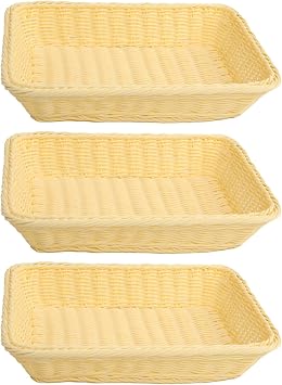 Nsmykhg 3 Pcs Poly Wicker Bread Basket - 13.8x9.8x2.75 Rectangular Woven Food Storage Tray, Imitation Rattan Fruit Basket, Stackable Kitchen & Restaurant Serving Basket Beige