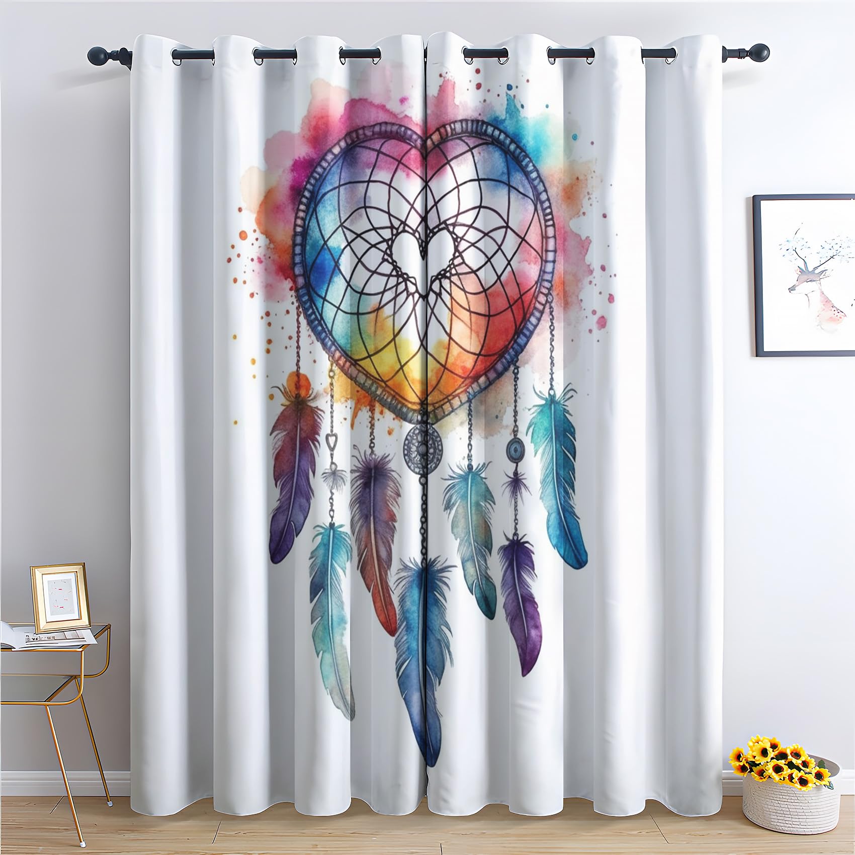 Rideau Opaque à Oeillets Motif Plume | Paire de Rideaux Occultants 140x240 cm