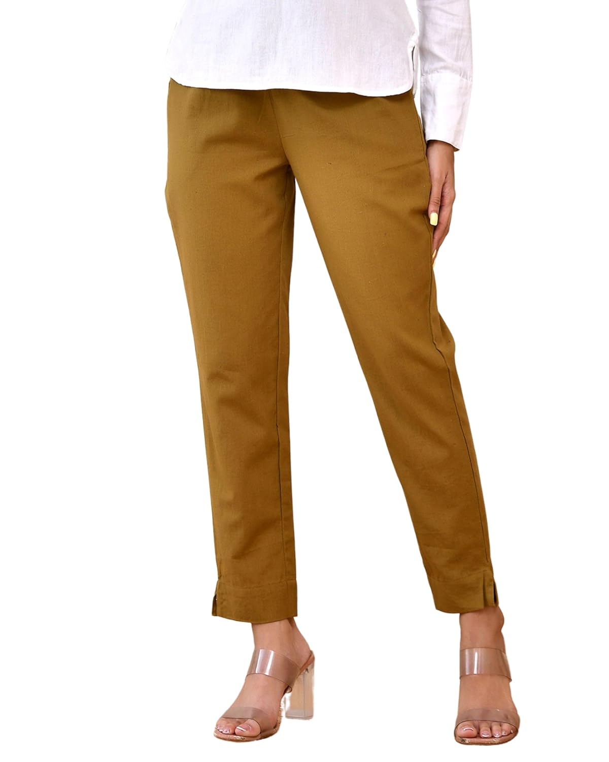 Women’s Regular Fit Elastic Waist Ankle Length Cotton Formal Trouser for Casual Wear, Office Wear,Ethnic Wear